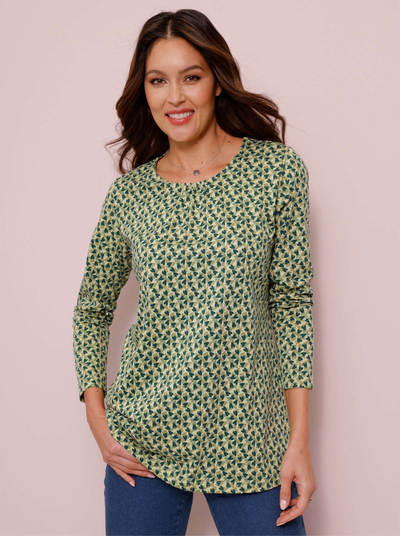 Lång topp med hjärttryck - lindgrön-mossgrön-tryck