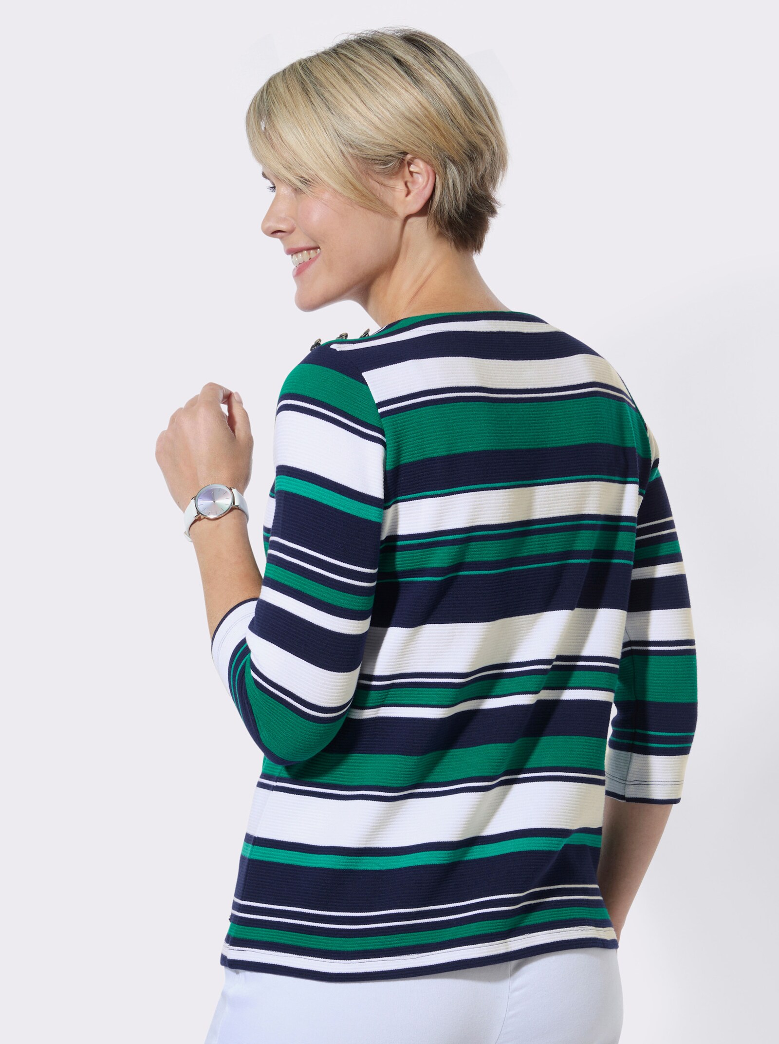 Ringelshirt mit Zierknöpfen an den Schultern - marine-grün-geringelt