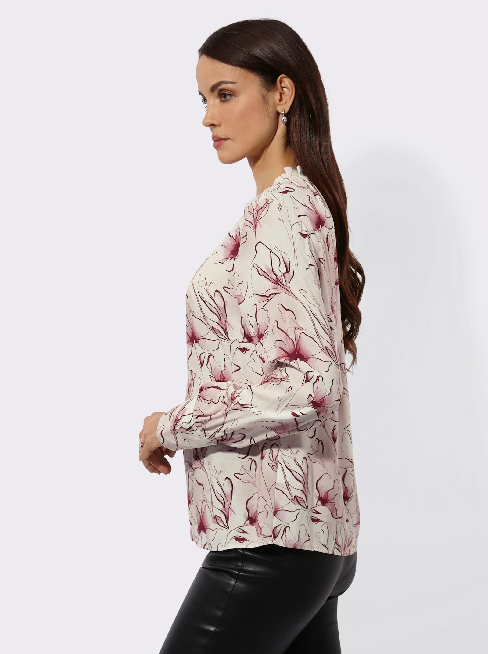 Druckbluse mit knöpfbaren Manschetten - hortensie-bordeaux-bedruckt