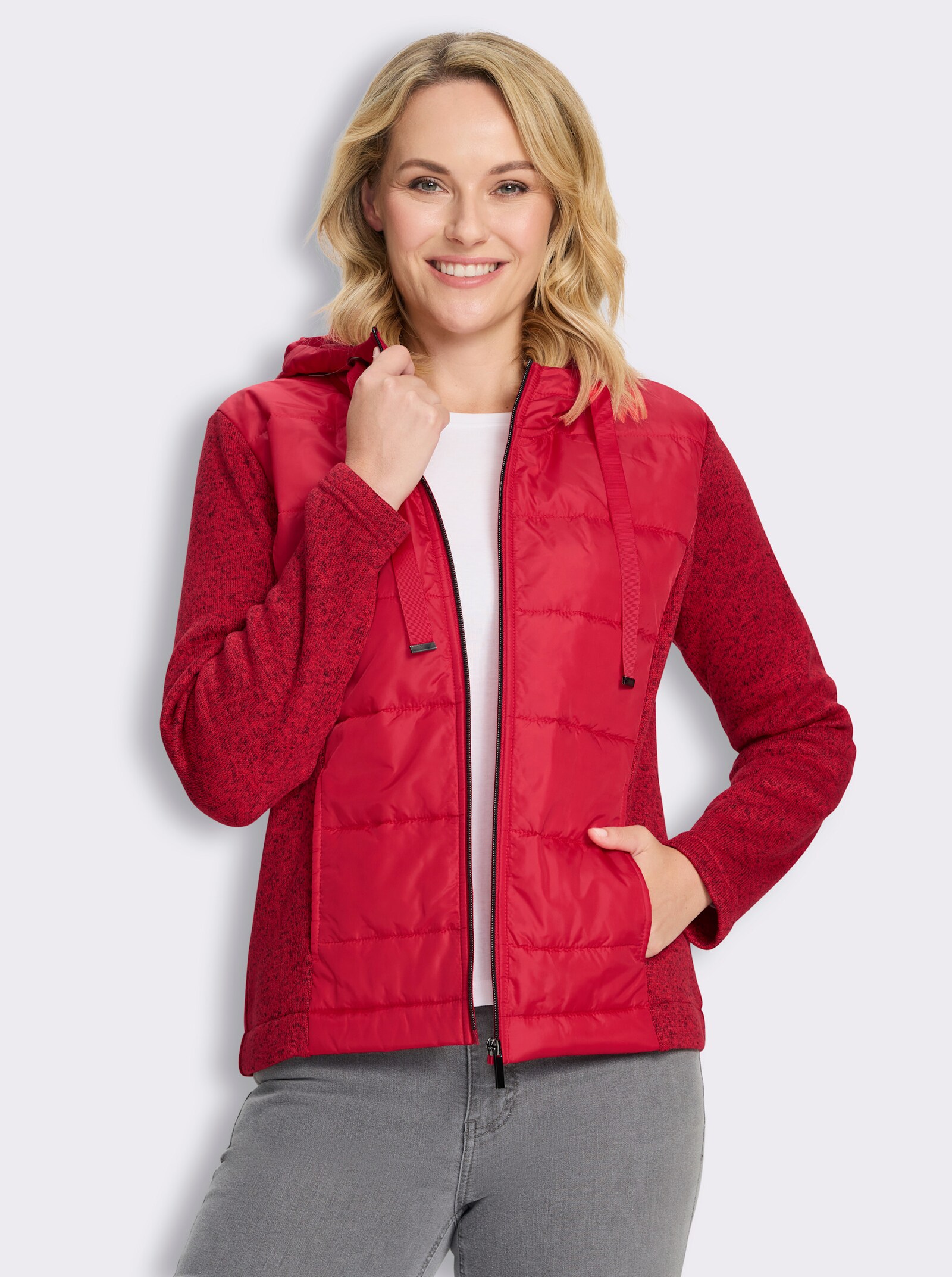 Strickfleecejacke mit gestepptem Web-Einsatz - erdbeere-meliert