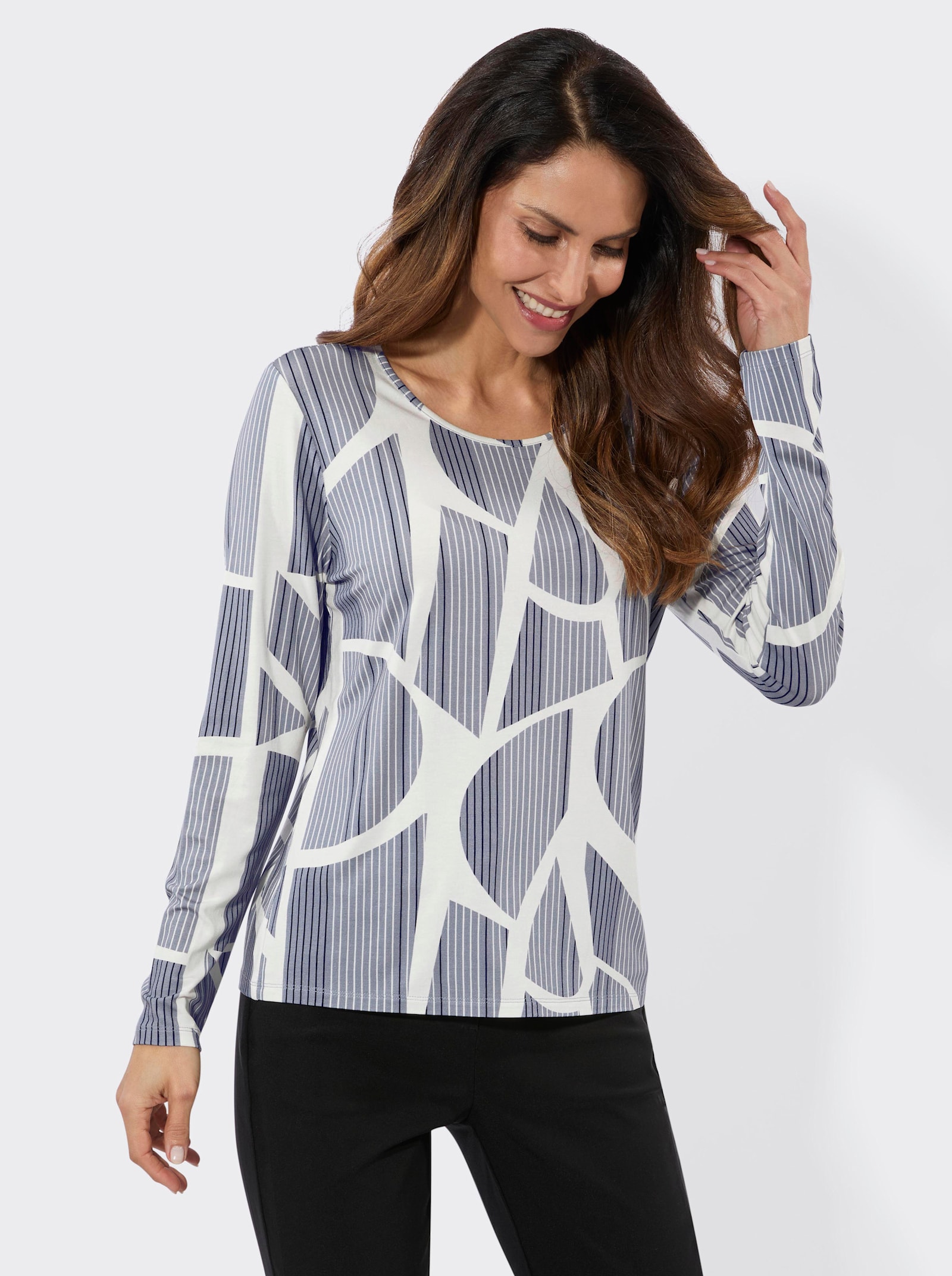 Rundhalsshirt mit Grafik-Muster - taubenblau-ecru-bedruckt