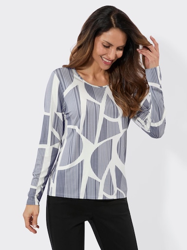 Rundhalsshirt mit Grafik-Muster - taubenblau-ecru-bedruckt