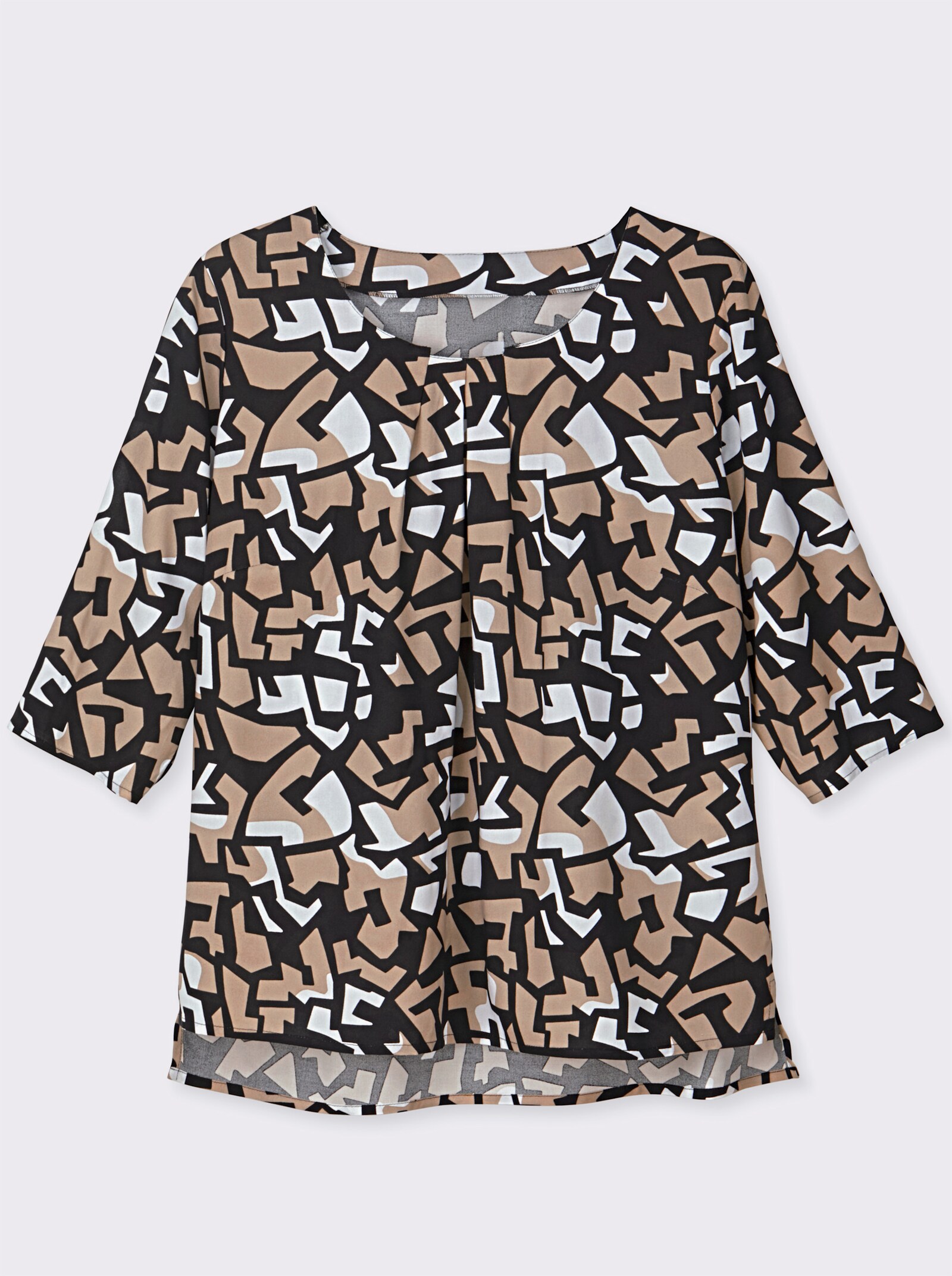 Druckbluse mit Falten am Ausschnitt - beige-schwarz-bedruckt