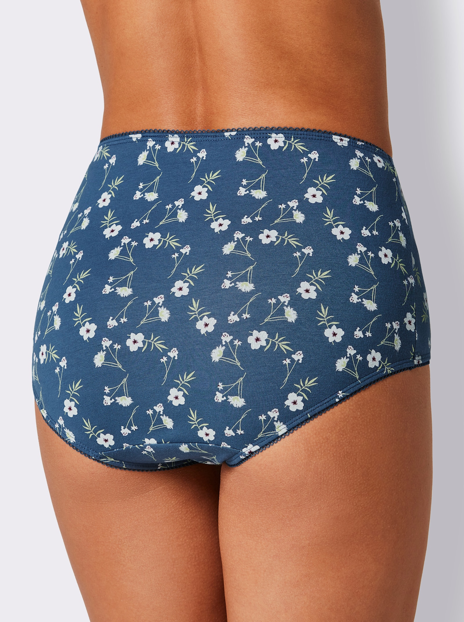 wäschepur Taillenslip mit Mäusezähnchen-Spitze - 2x rauchblau-bedruckt + 1x rauchblau + 1x bordeaux