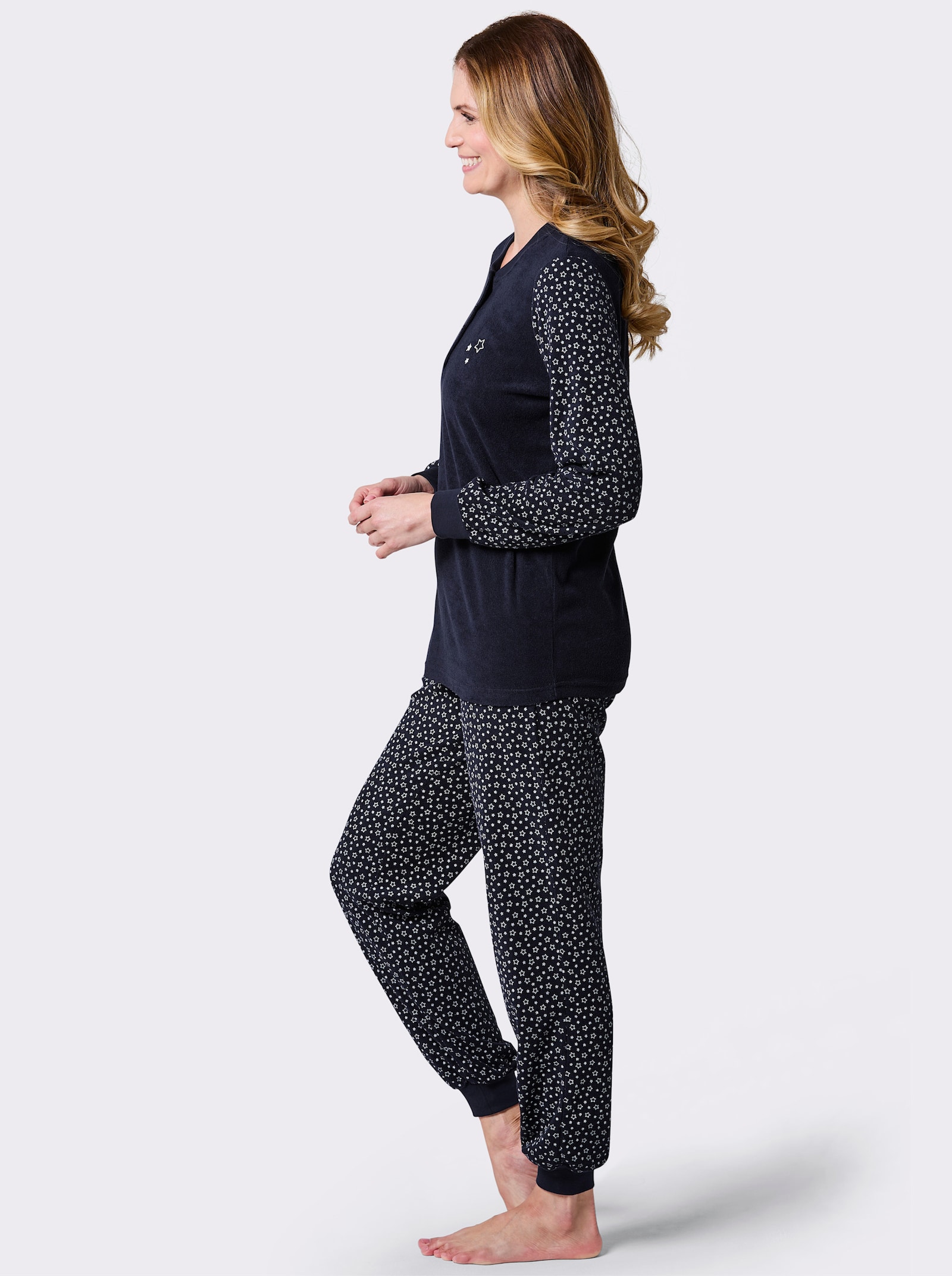 wäschepur Schlafanzug aus Feinfrottee - marine-weiß-bedruckt