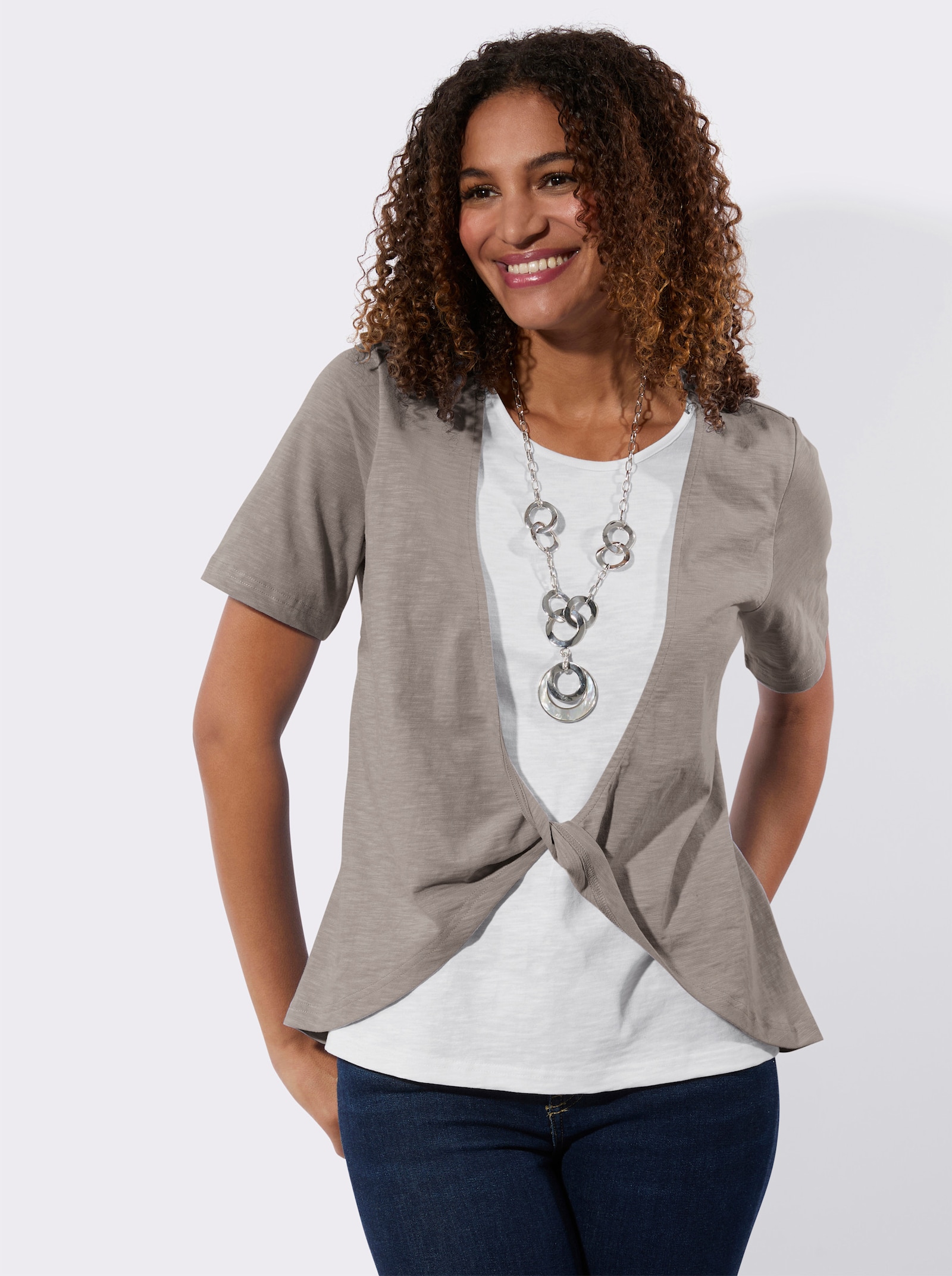 2-in-1-shirt met knoopdetail - taupe/ecru