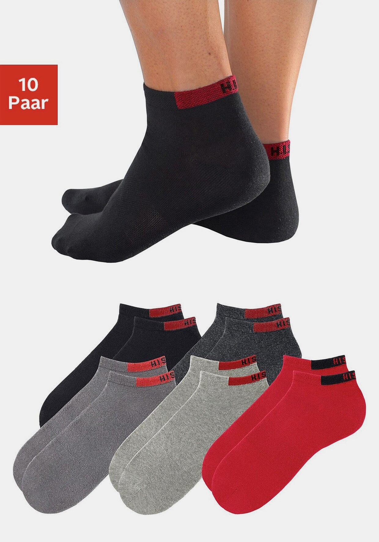 H.I.S Sneakersokken - 2x zwart + 2x grijs + 2x rood + 2x antraciet gemêleerd + 2x lichtgrijs gemêleerd