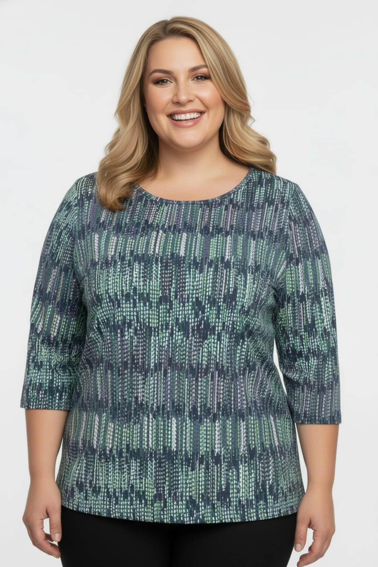 3/4-Arm-Shirt aus Baumwolle, bedruckt - dunkelblau-smaragd-bedruckt