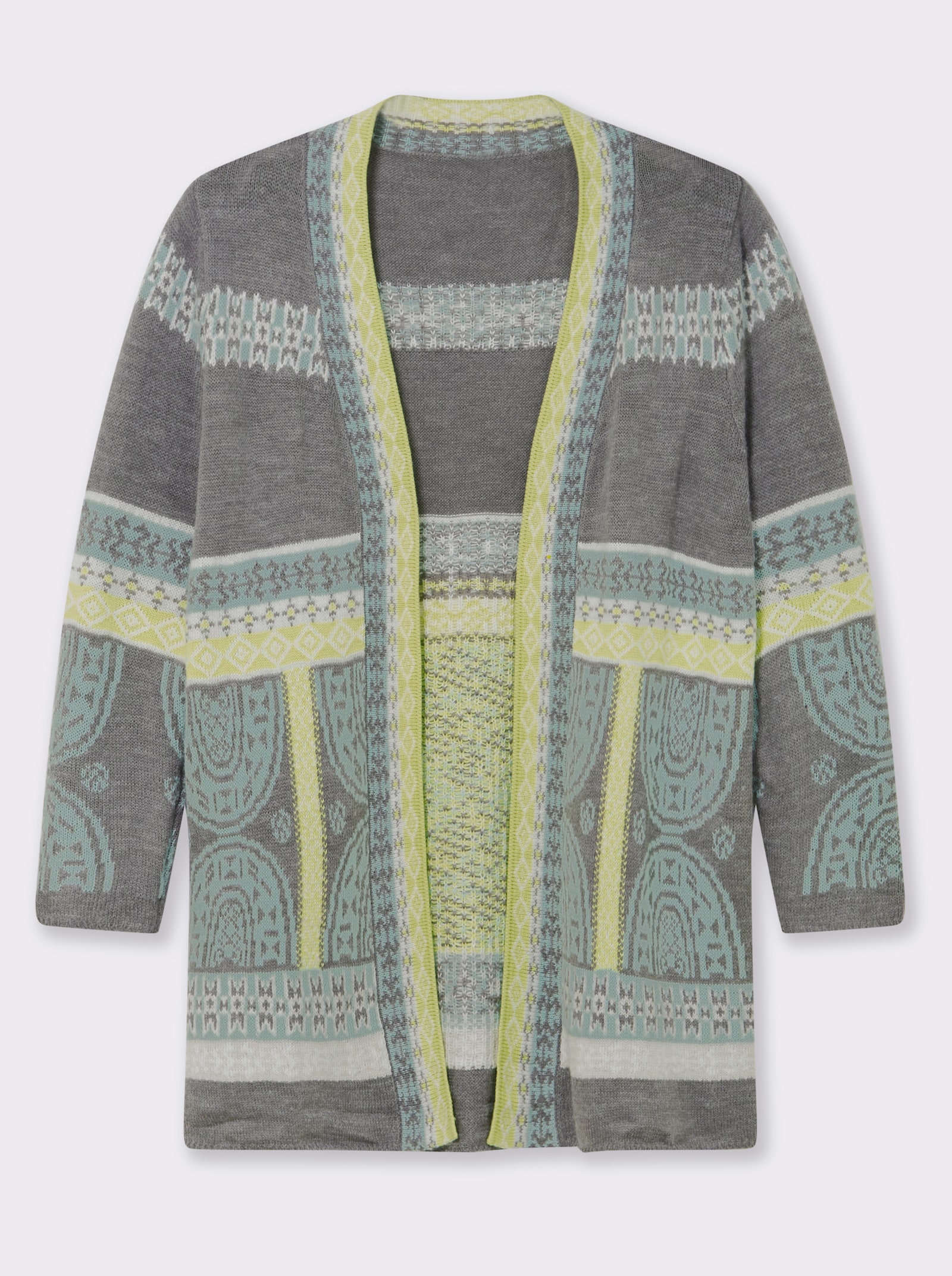 Longstrickjacke im Jacquard-Muster-Mix - kalkmint-grau-gemustert
