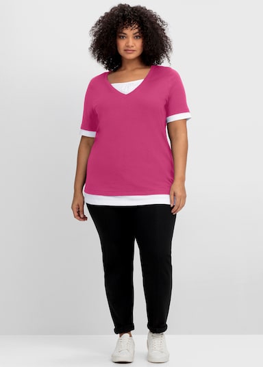 sheego 2-in-1-Shirt mit V-Ausschnitt - fuchsia-weiß