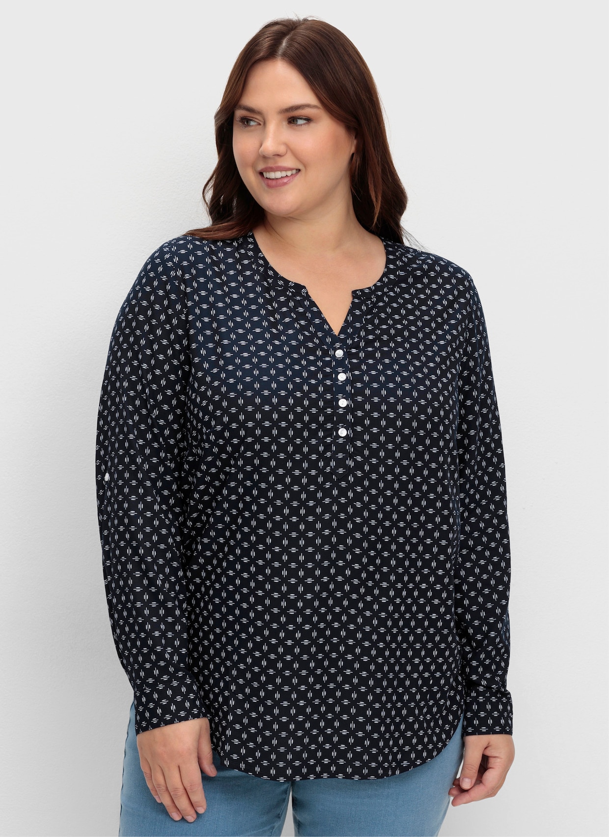 Schlupf-Bluse - marine-weiß-bedruckt