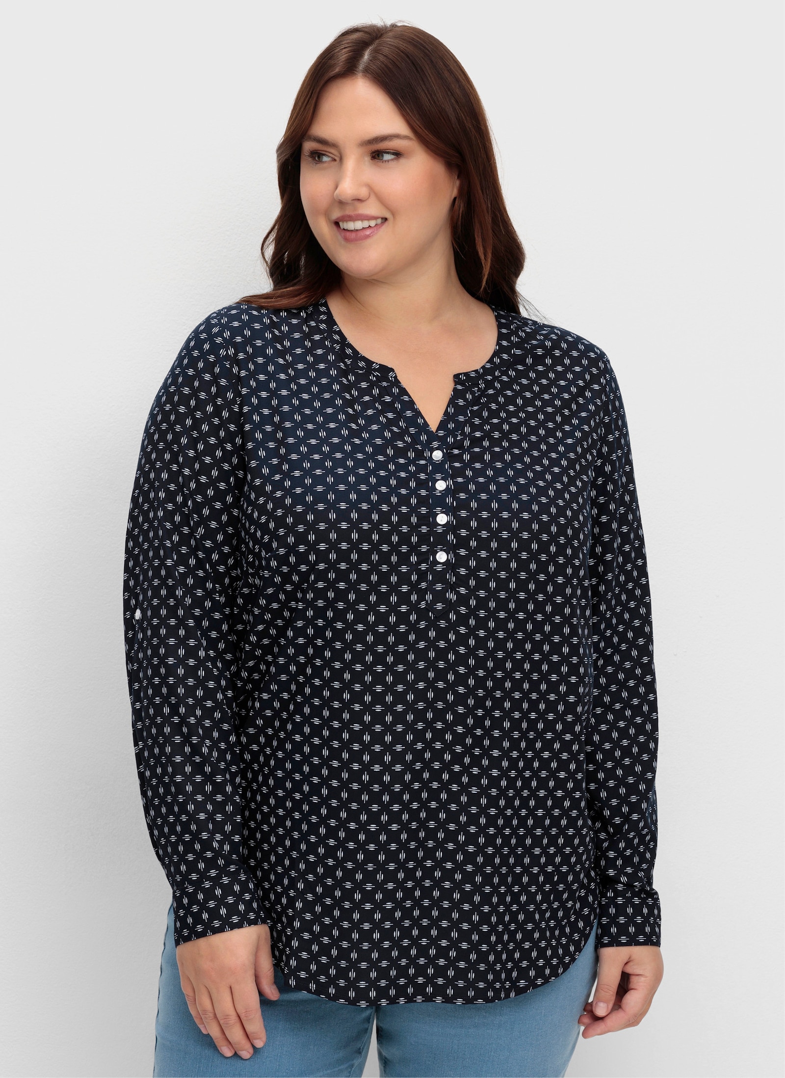 Schlupf-Bluse mit Minimal-Muster - marine-weiß-bedruckt