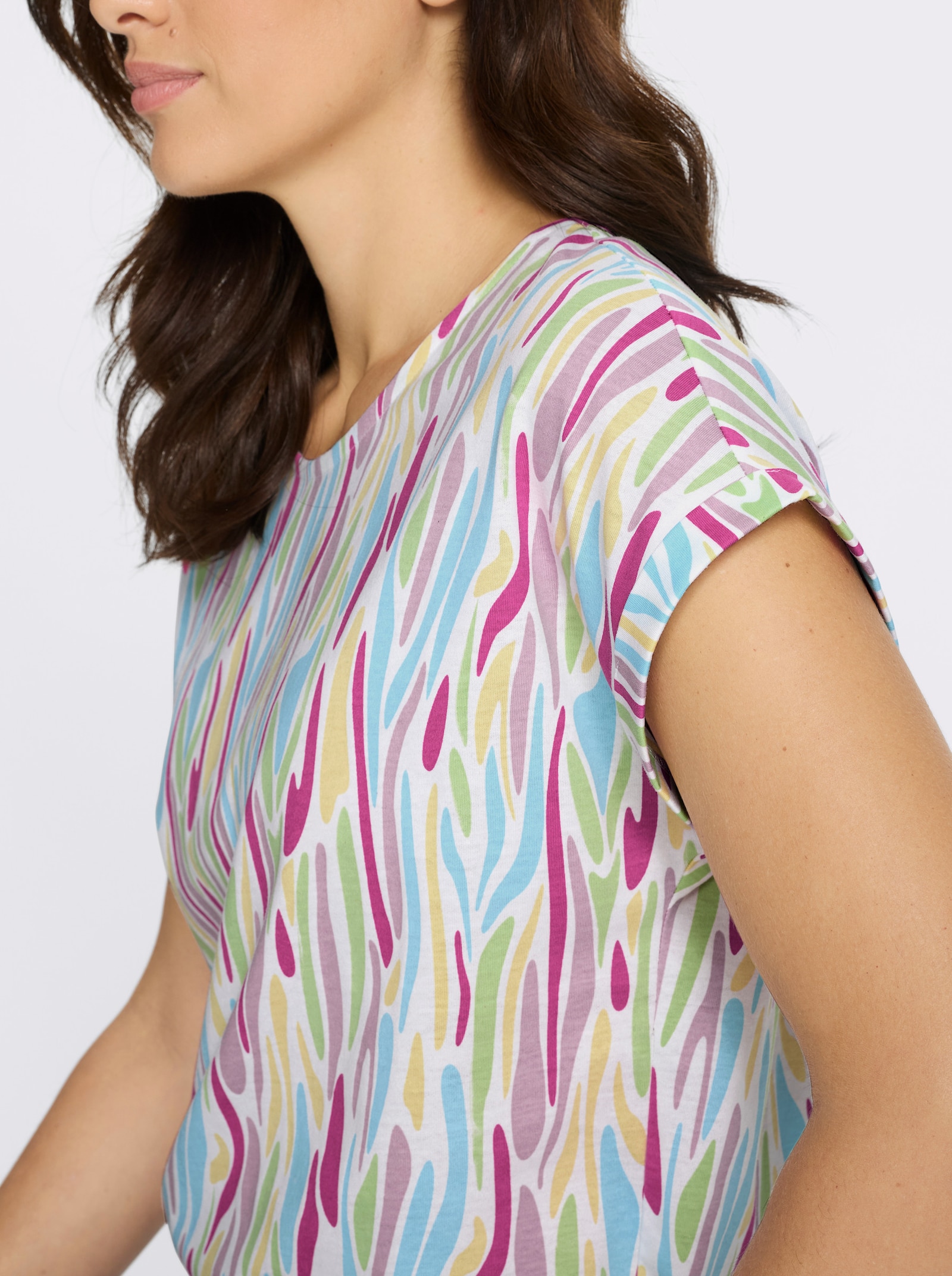 Kurzarmshirt mit Ärmelaufschlag - fuchsia-aquamarin-bedruckt