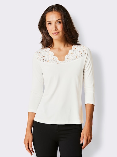 CREATION L PREMIUM V-Shirt mit Spitze, Modal-Mix - ecru