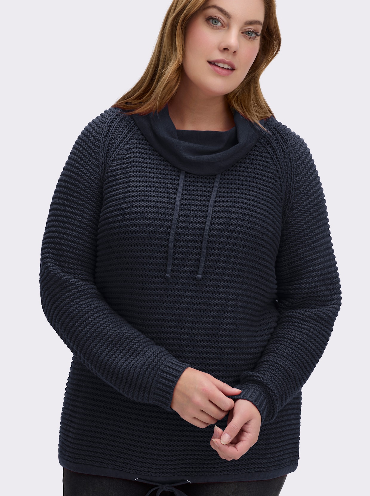 Rollkragenpullover mit Tunnelzug und Bindeband - marine