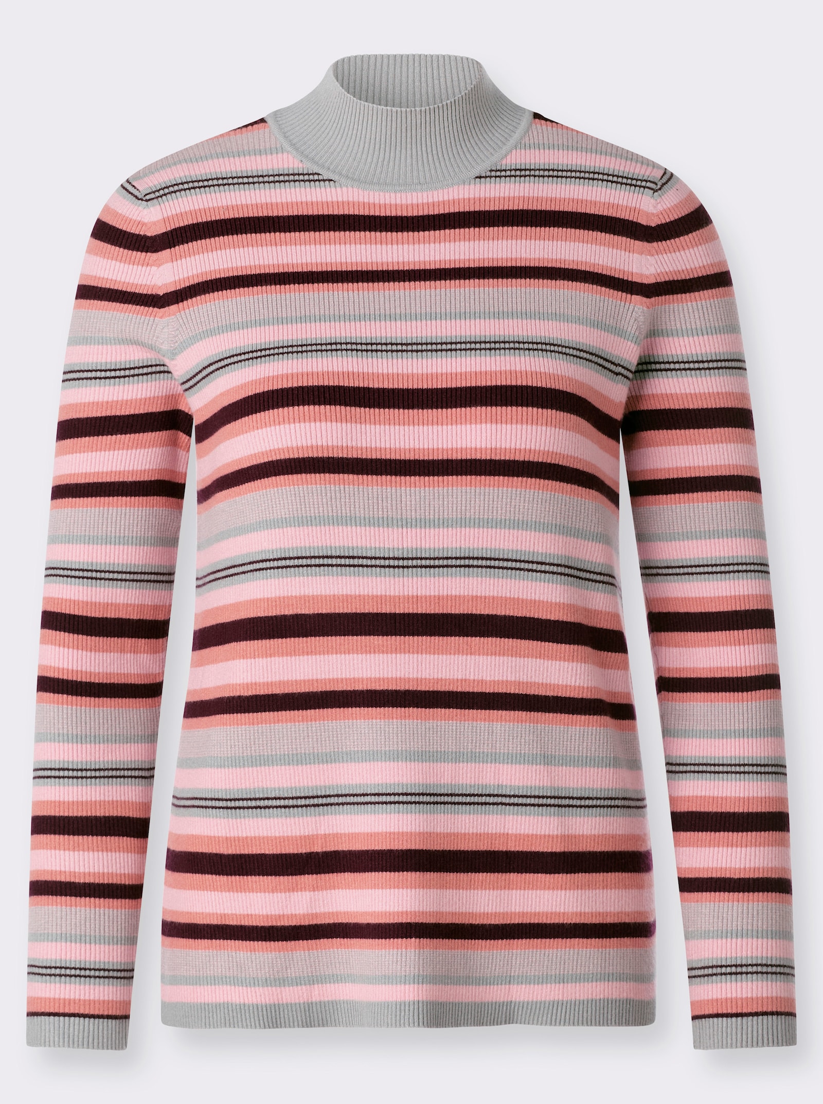 Streifenpullover mit Stehkragen - rosenholz-burgund-geringelt