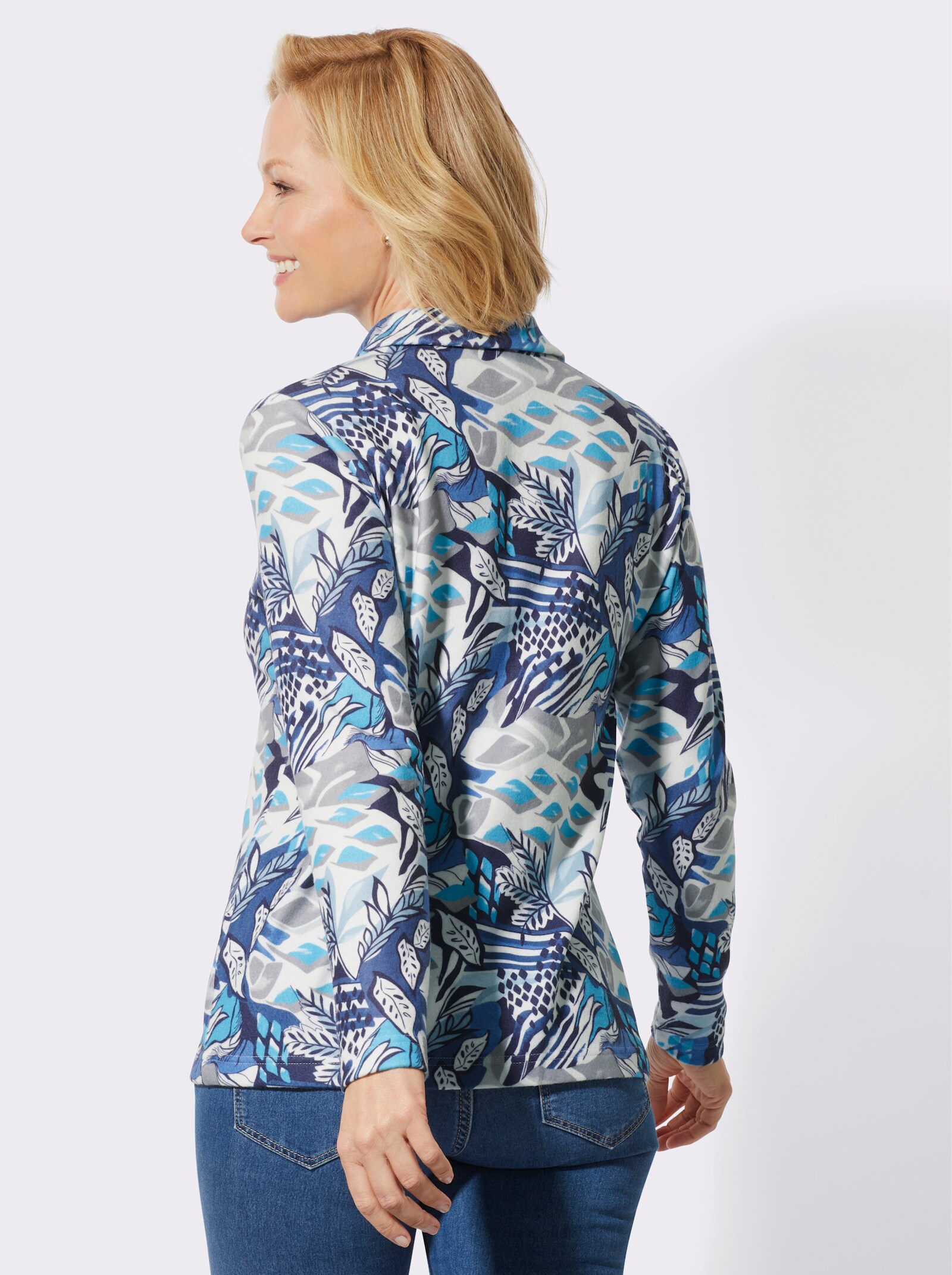 Poloshirt mit Knopfleiste - jeansblau-ecru-bedruckt