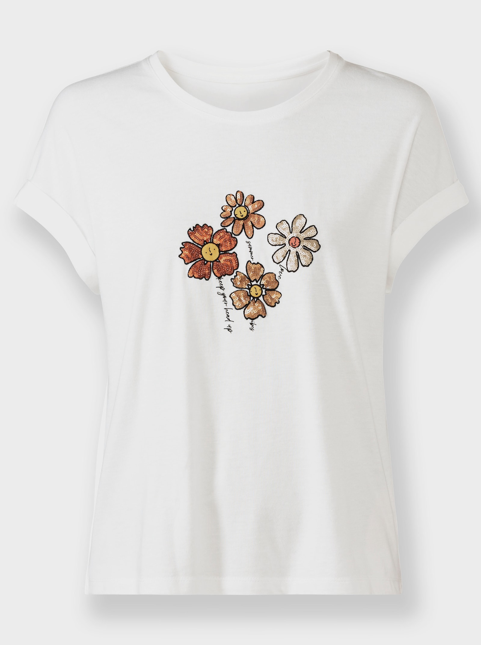 Shirt met ronde hals en paillettenbloemen - ecru