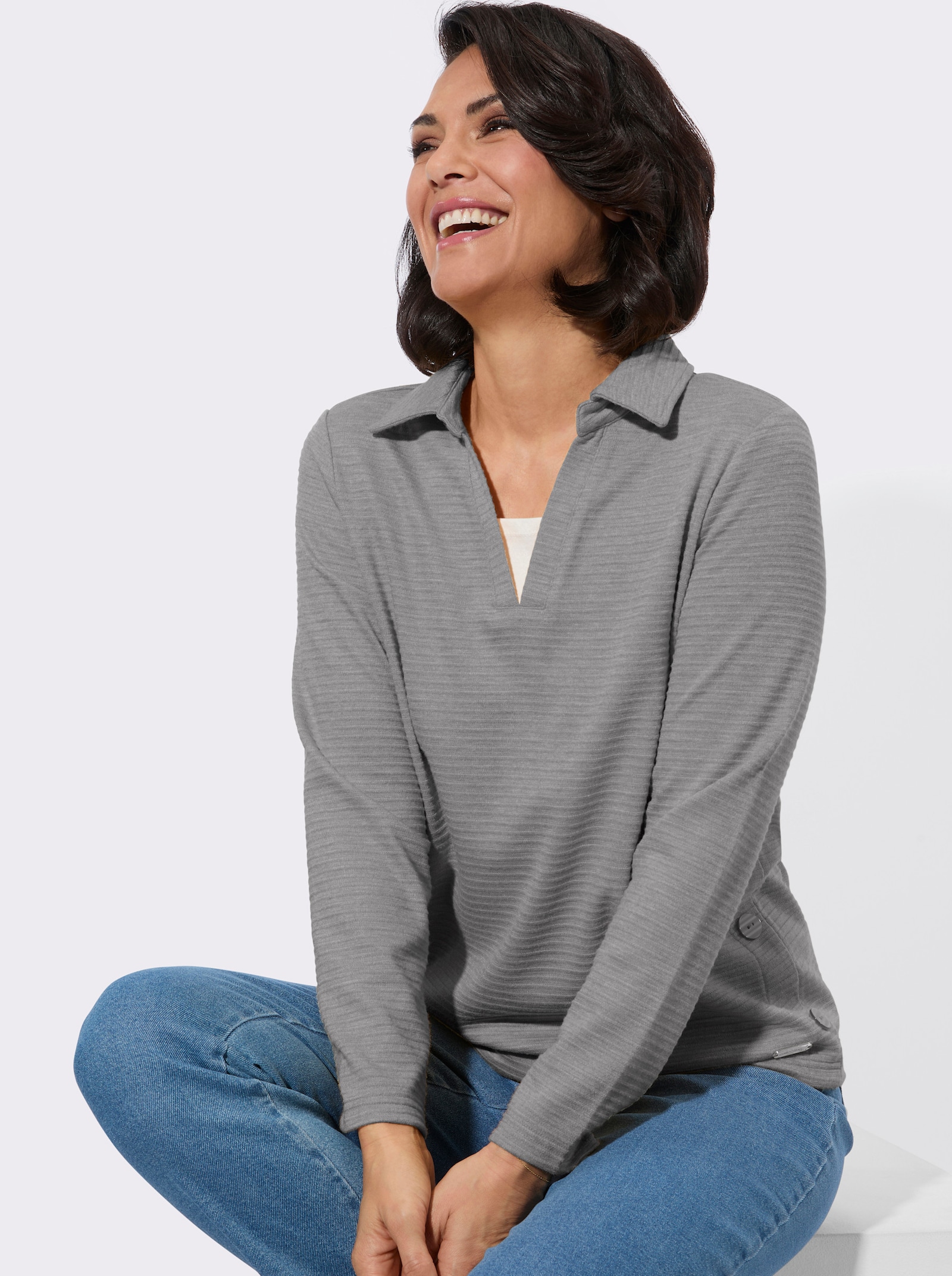 Poloshirt mit seitlicher Knopfleiste - anthrazit-meliert