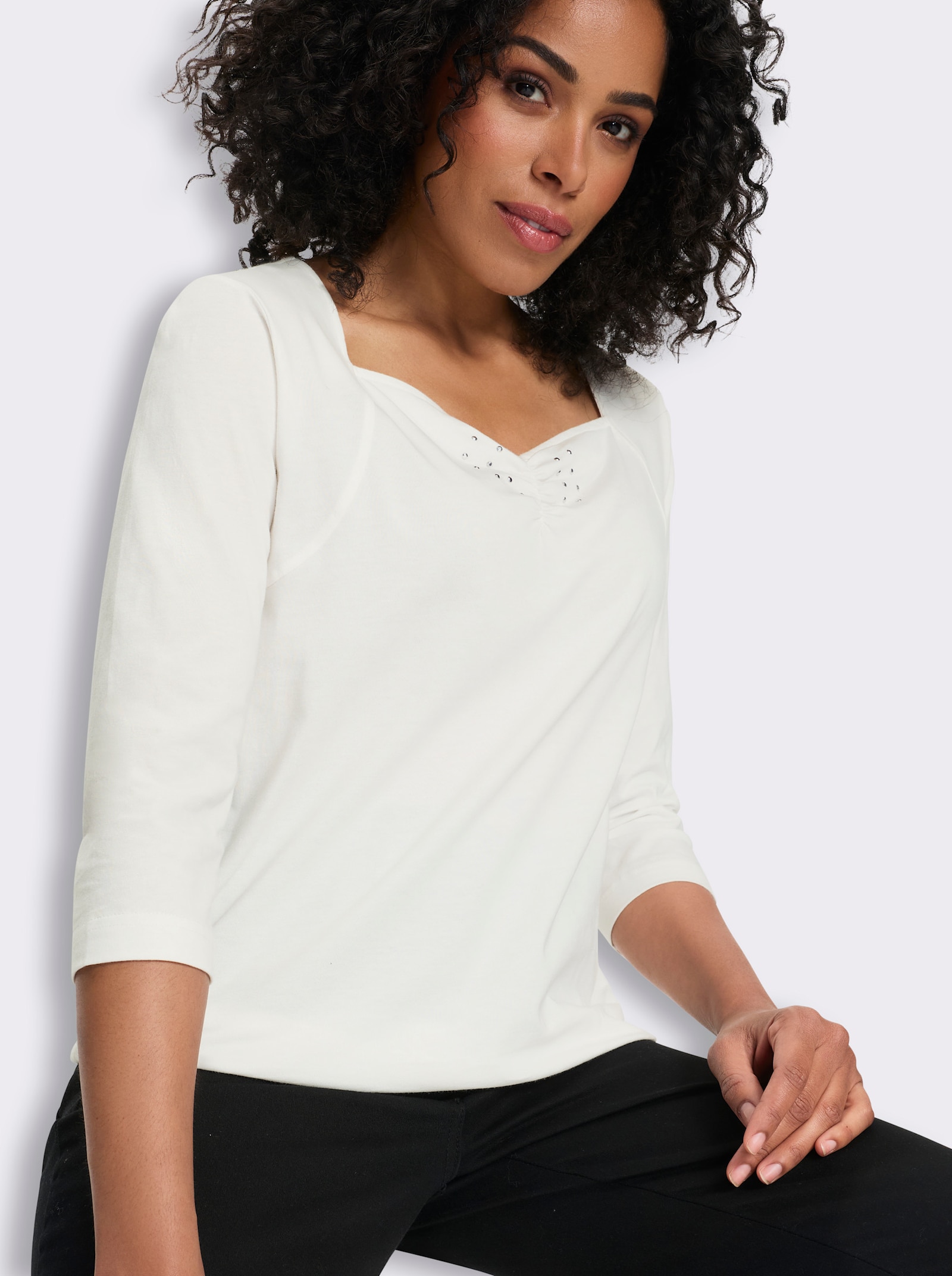 3/4-Arm-Shirt mit Herz-Ausschnitt, Baumwolle - ecru