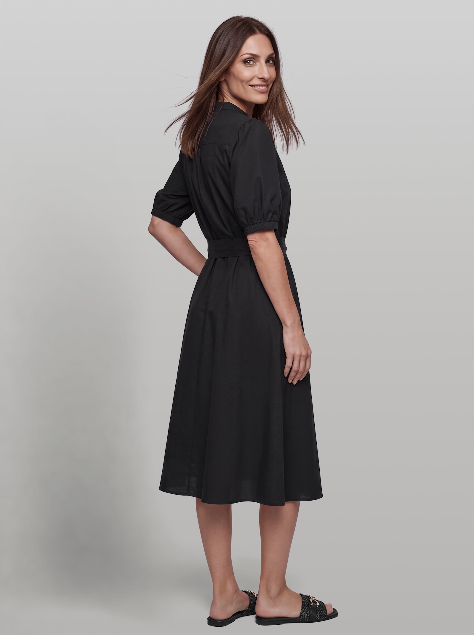 heine Baumwollkleid mit Bindegürtel - schwarz