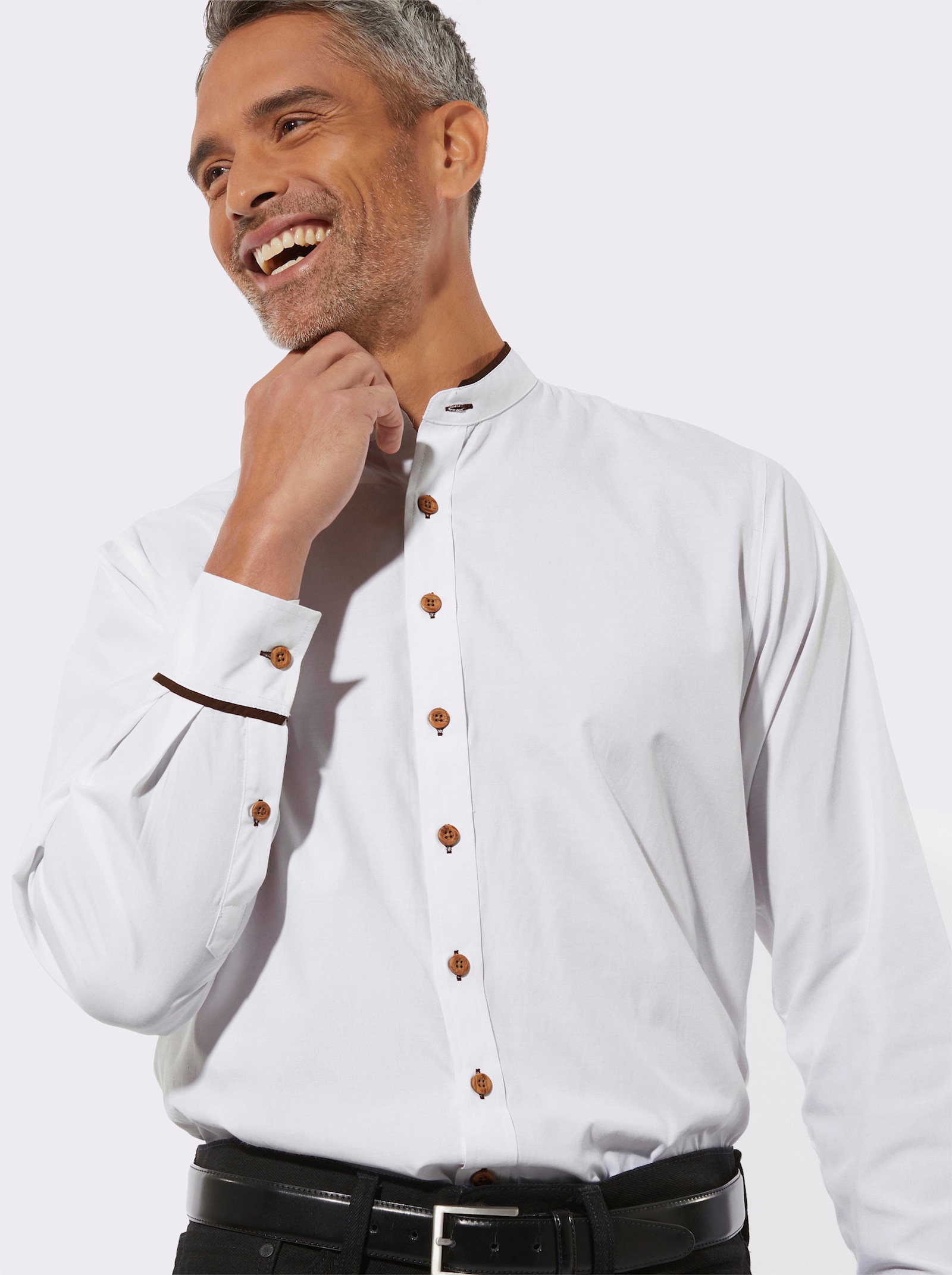 Langarmhemd mit Kontrastpaspeln - weiss