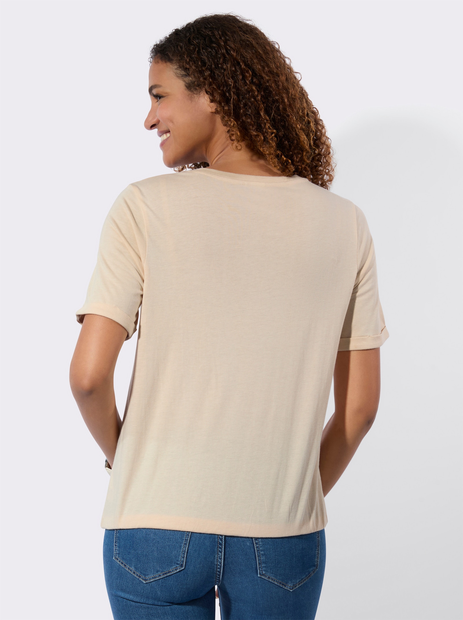 Kurzarmshirt - elfenbein-royalblau-bedruckt