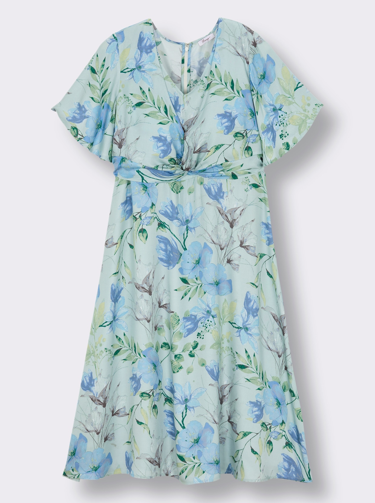 sheego Blumenkleid mit Flügelärmeln und Knotendetail - kalkmint-bleu-bedruckt