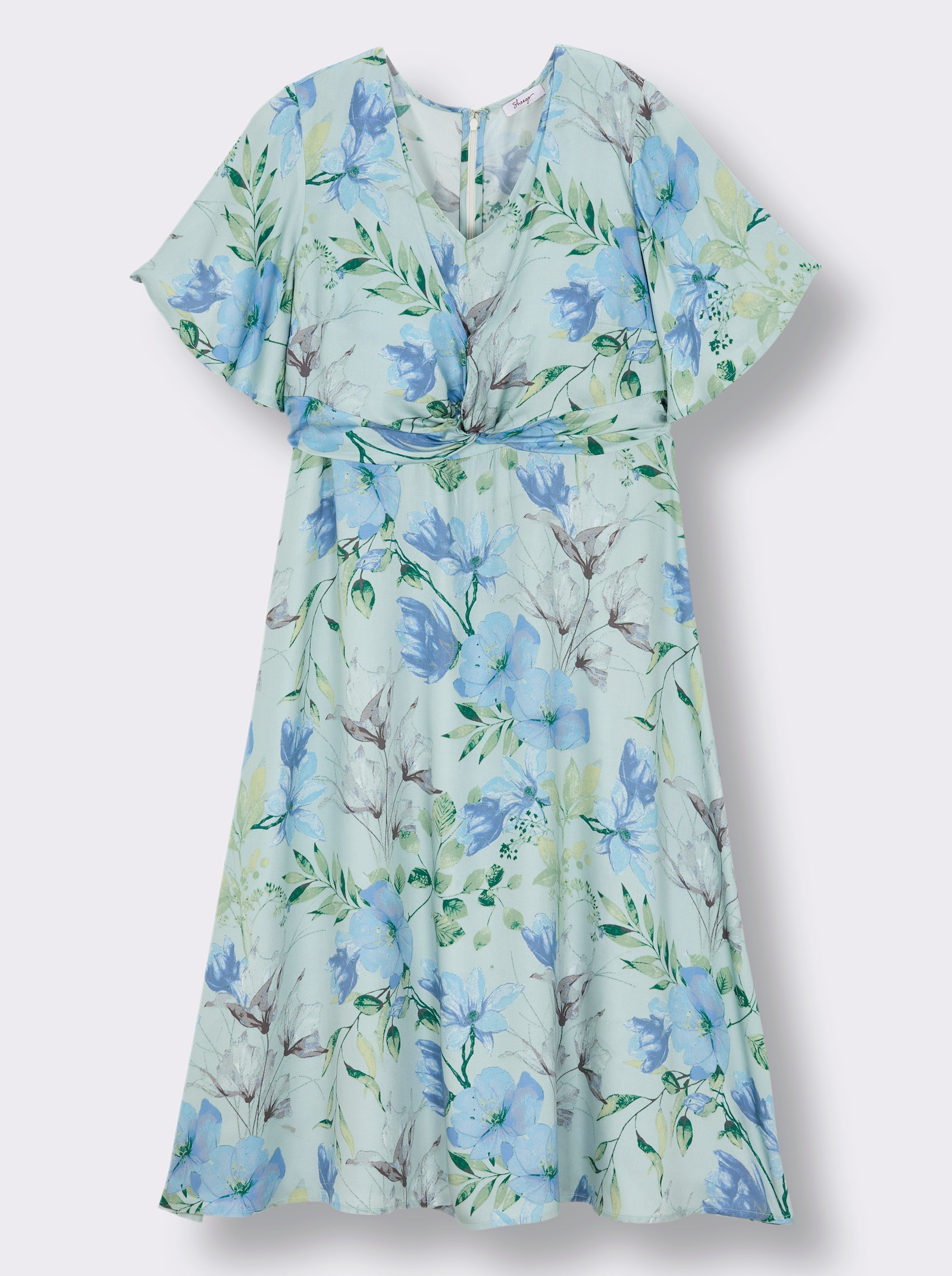 sheego Blumenkleid mit Flügelärmeln und Knotendetail - kalkmint-bleu-bedruckt