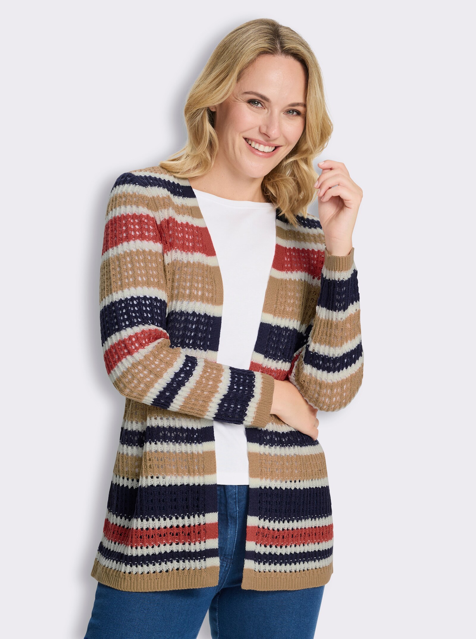Longstrickjacke mit Ajour-Muster und Streifen - camel-ecru-gemustert