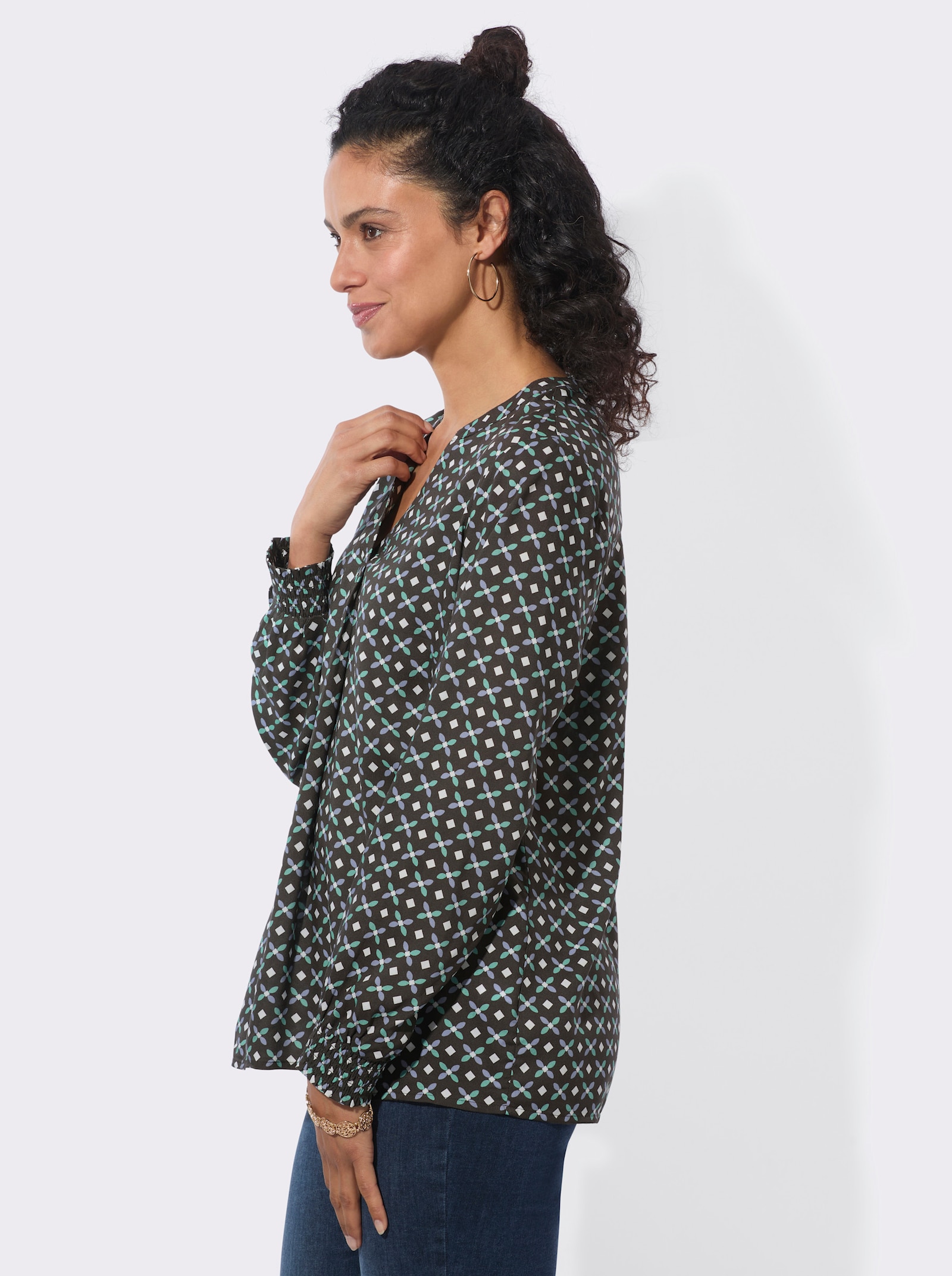 Longbluse mit Falte hinten - graphit-salbei-bedruckt