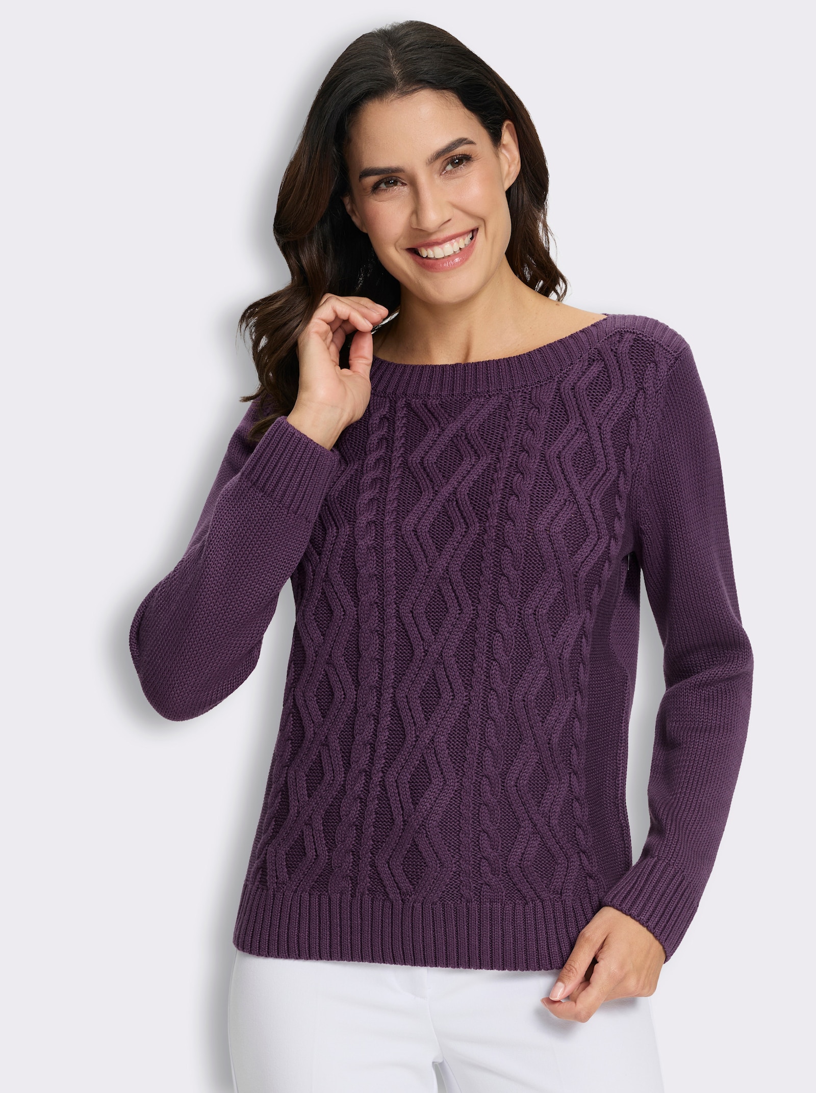 Pullover mit Zopfmuster-Mix vorne - traube