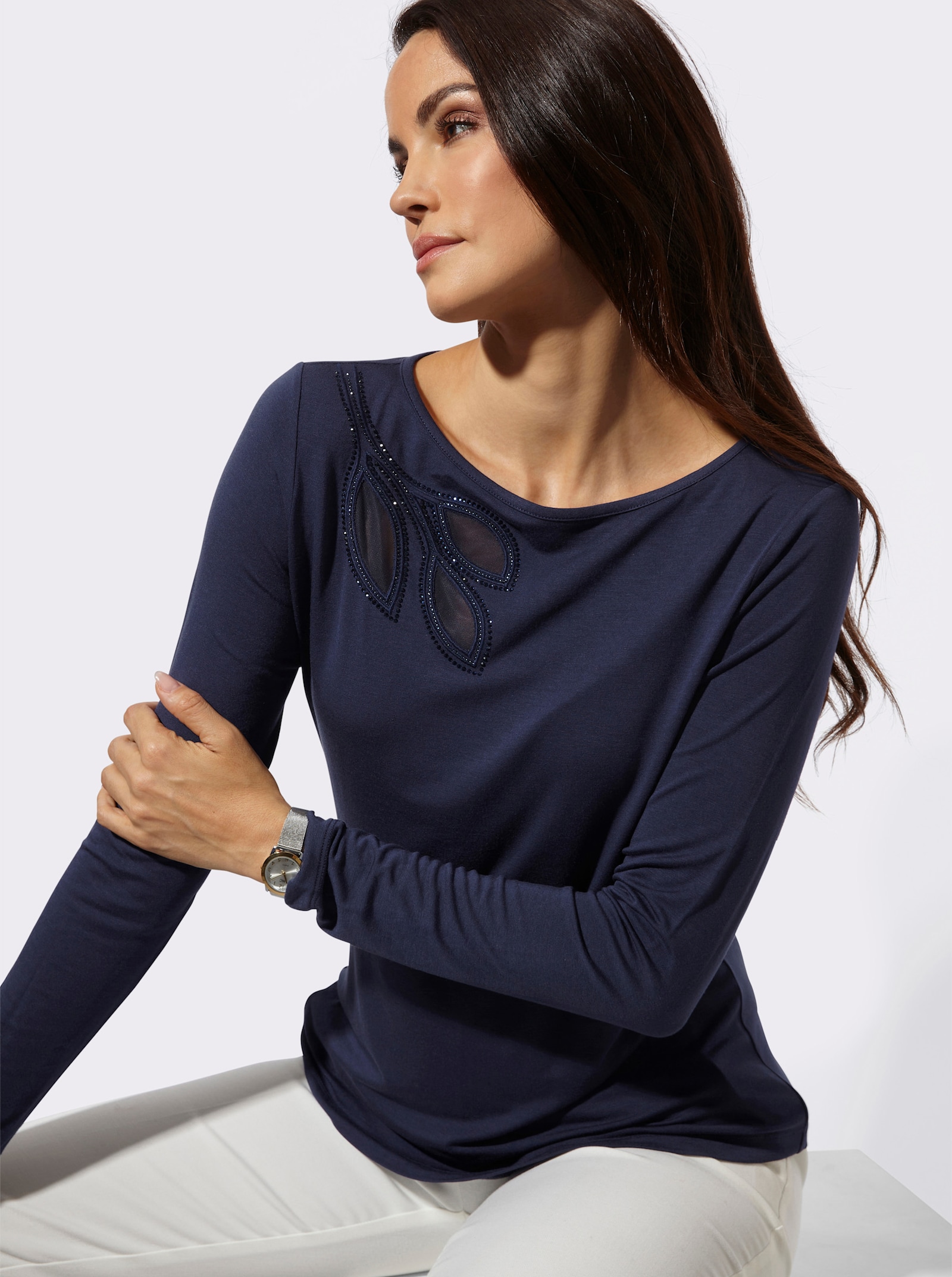 Langarmshirt mit Ziersteinchen - marine