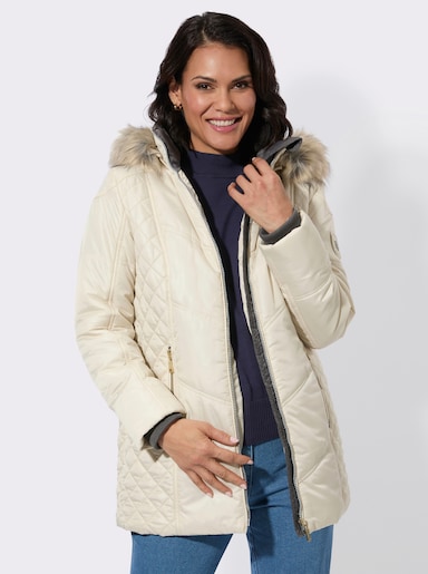 Steppjacke mit Kapuze mit Pelz-Imitat - sand