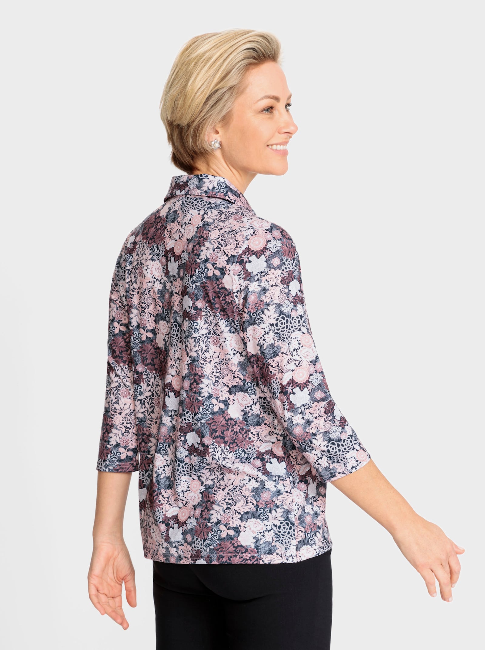 Poloshirt mit 3/4-Ärmeln - hortensie-steingrau-bedruckt