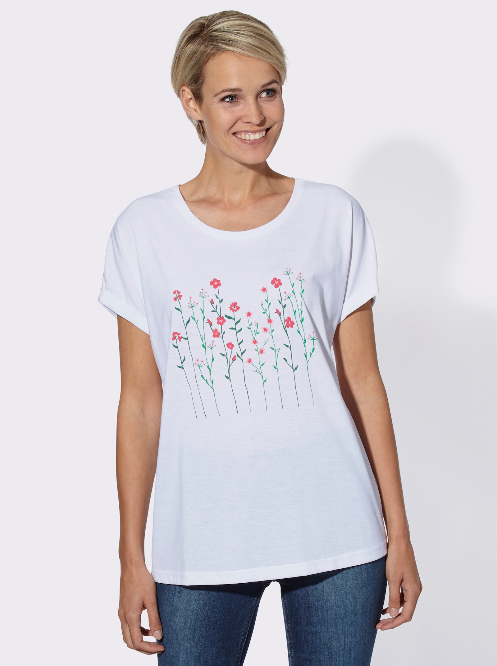 Rundhalsshirt mit Blüten-Dessin - weiß-bedruckt