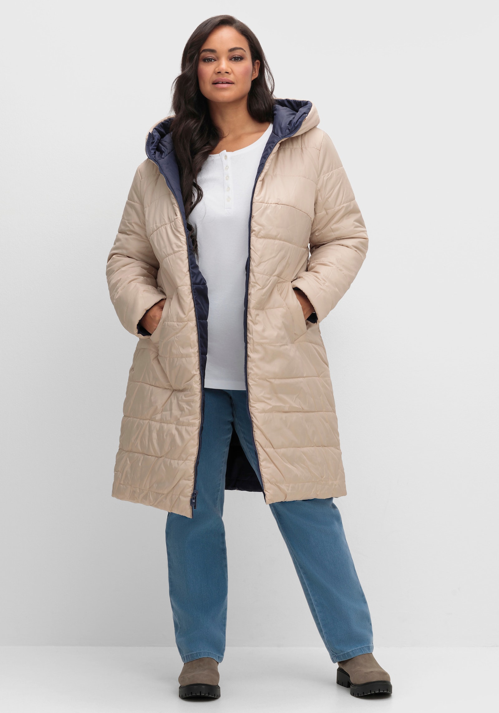 Steppmantel zum Wenden, wattiert - marine-beige