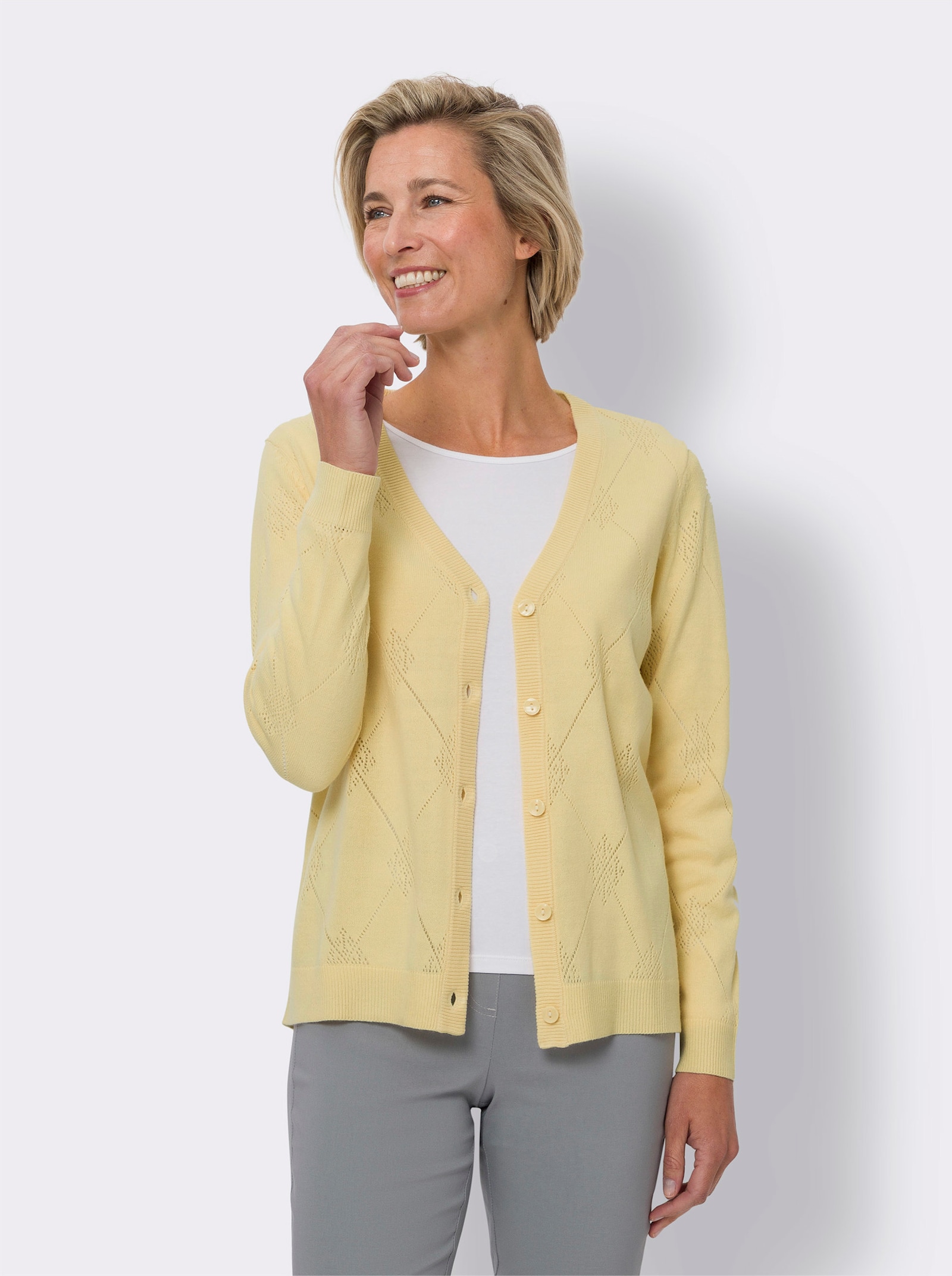 Ajourstrickjacke mit Knopfleiste - vanille