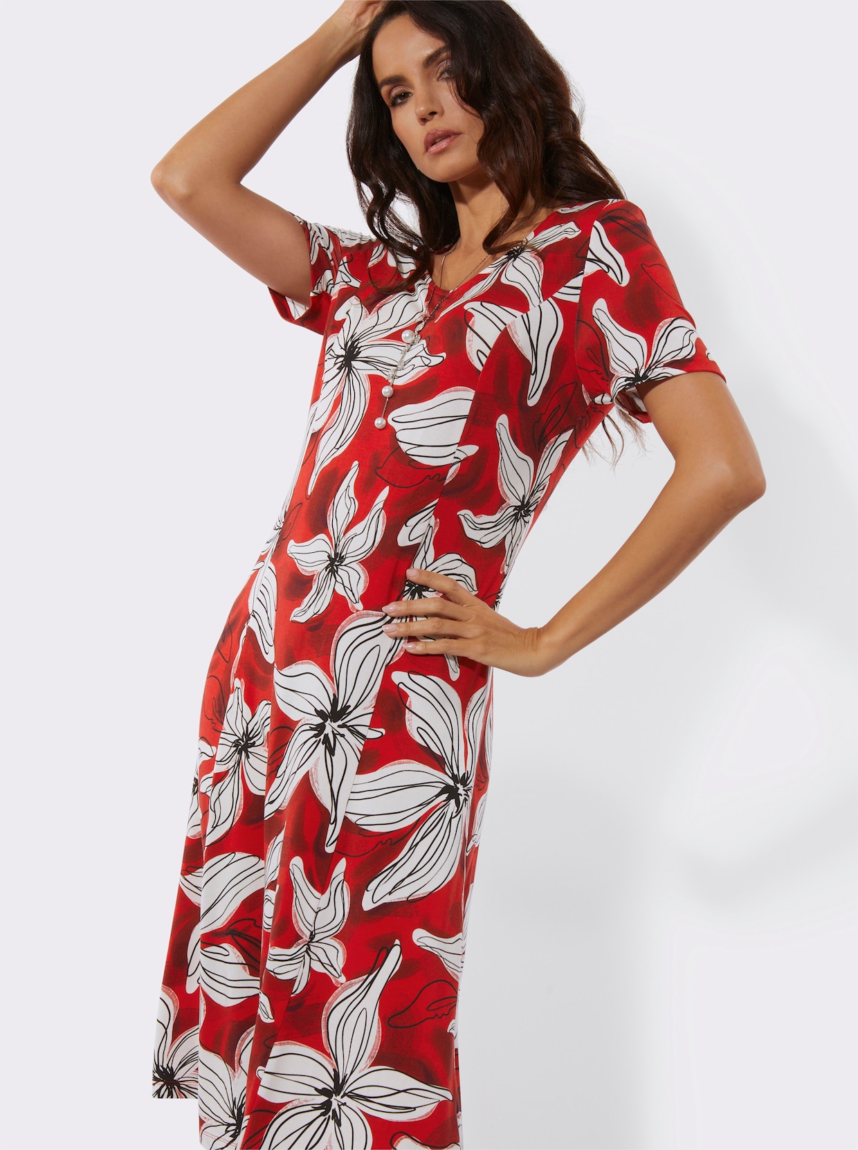 Jerseykleid - rot-champagner-bedruckt