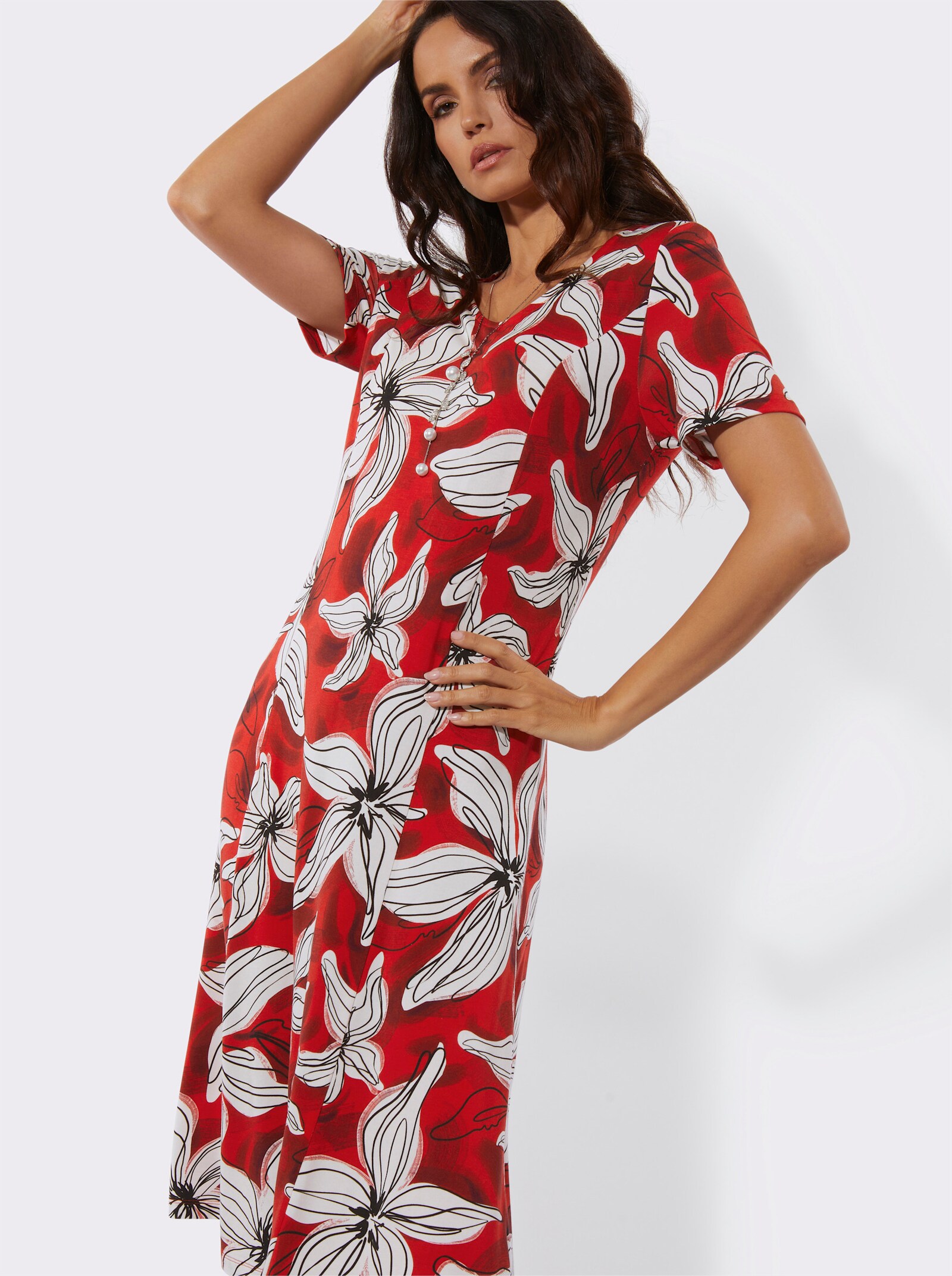  Jerseykleid mit floralem Druck - rot-champagner-bedruckt