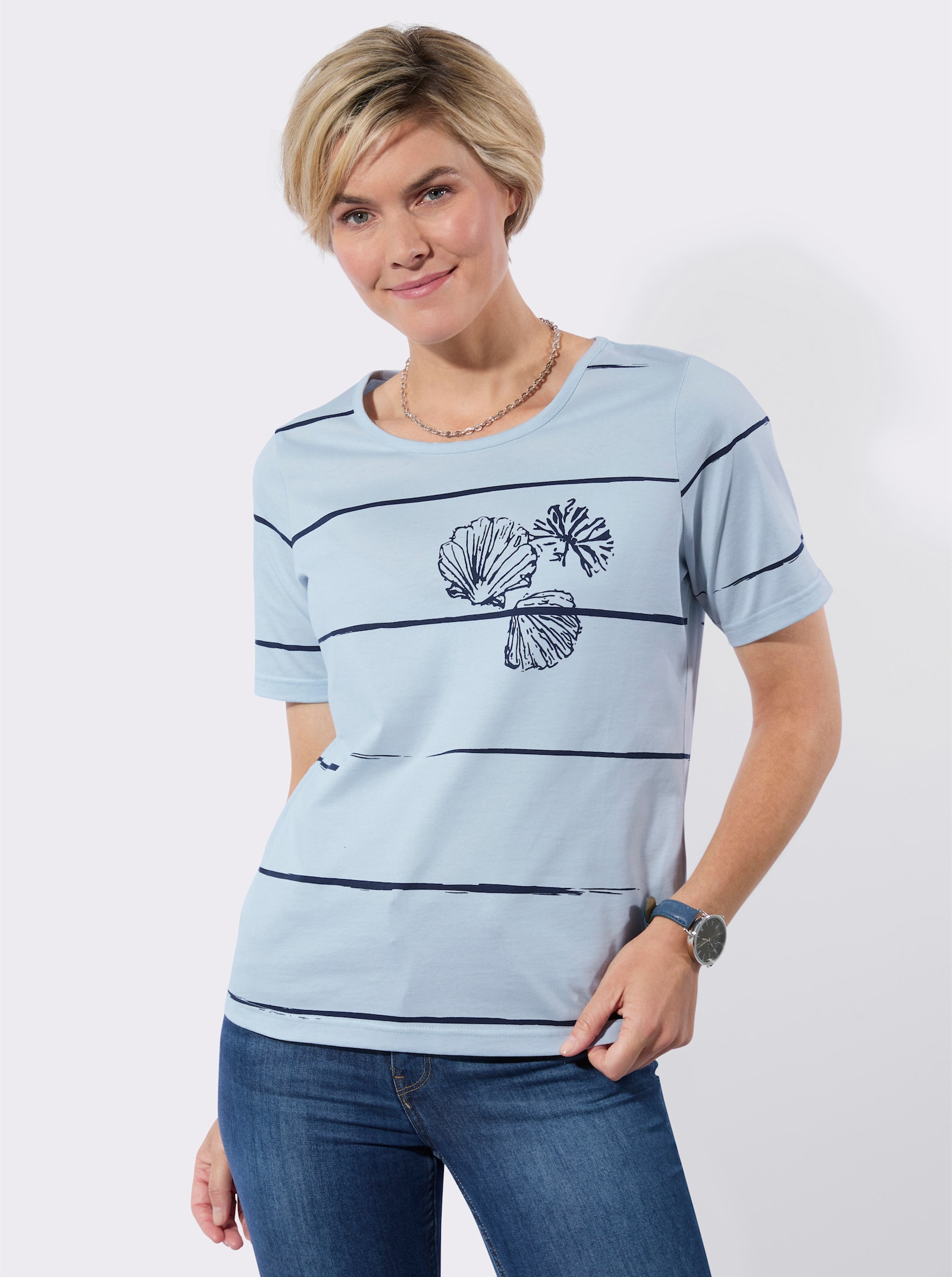 Kurzarmshirt - hellblau-marine-bedruckt