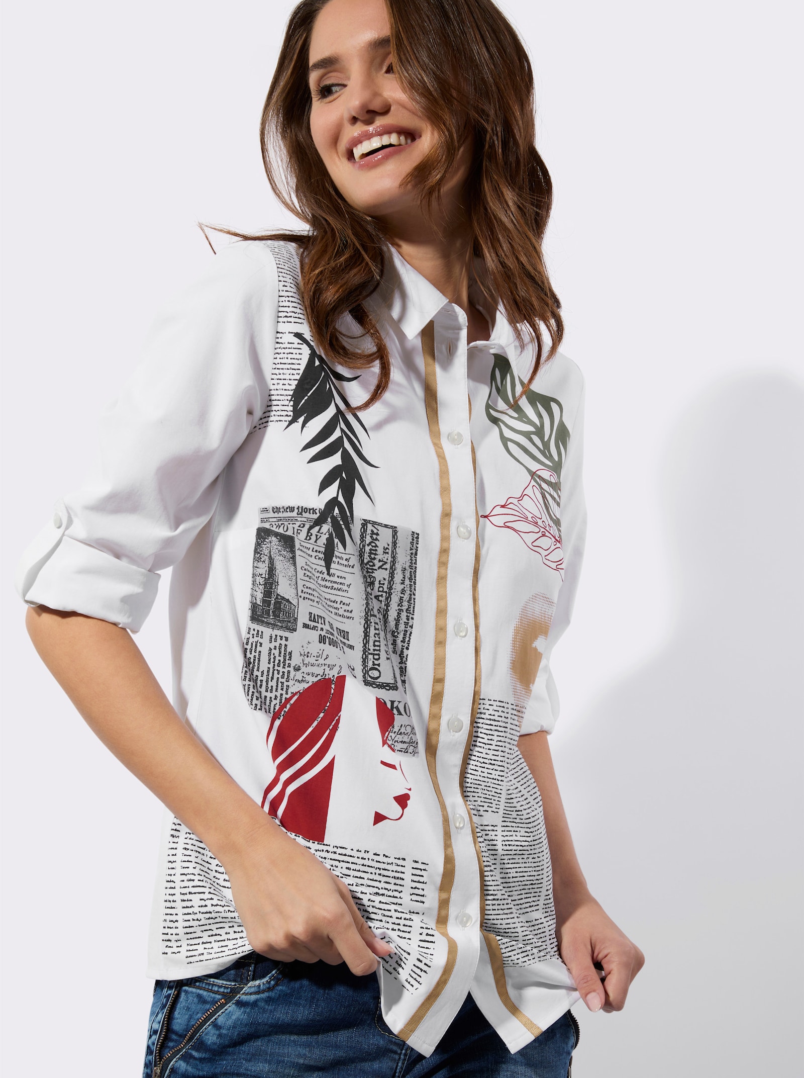 Hemdbluse mit Druck-Mustermix - weiß-bedruckt