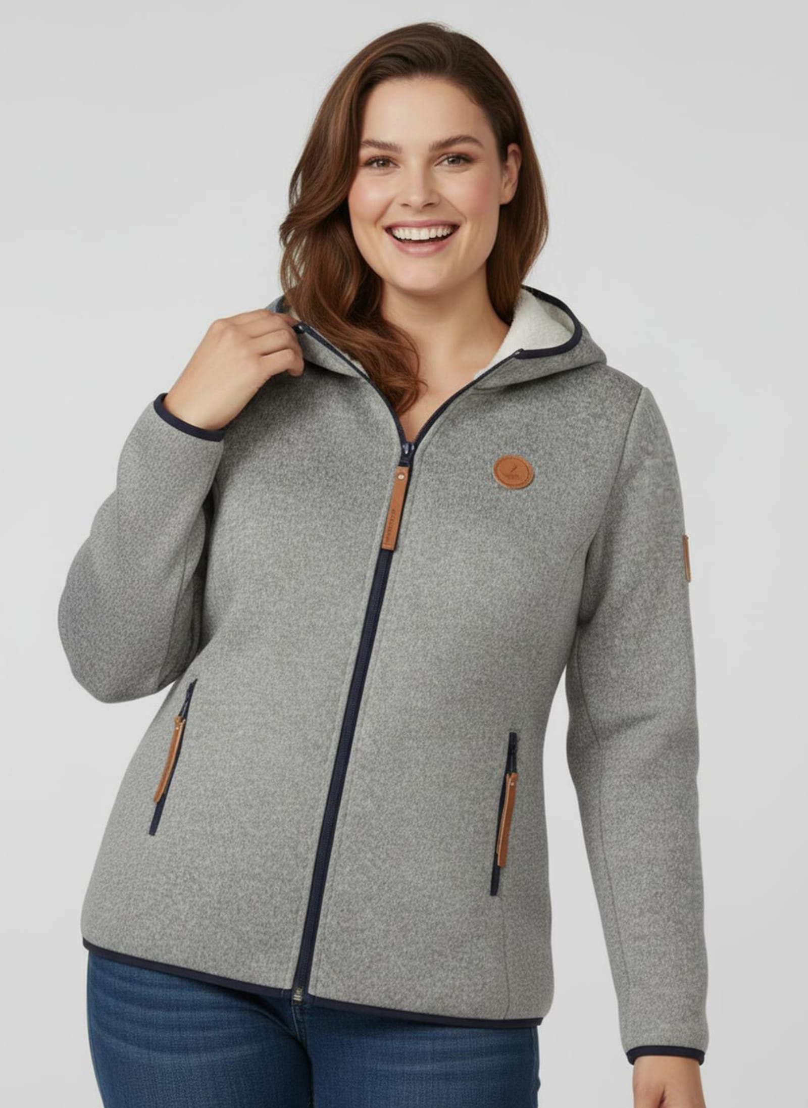 Strickfleece-Jacke mit Teddyfleece-Futter - steingrau-weiß-meliert