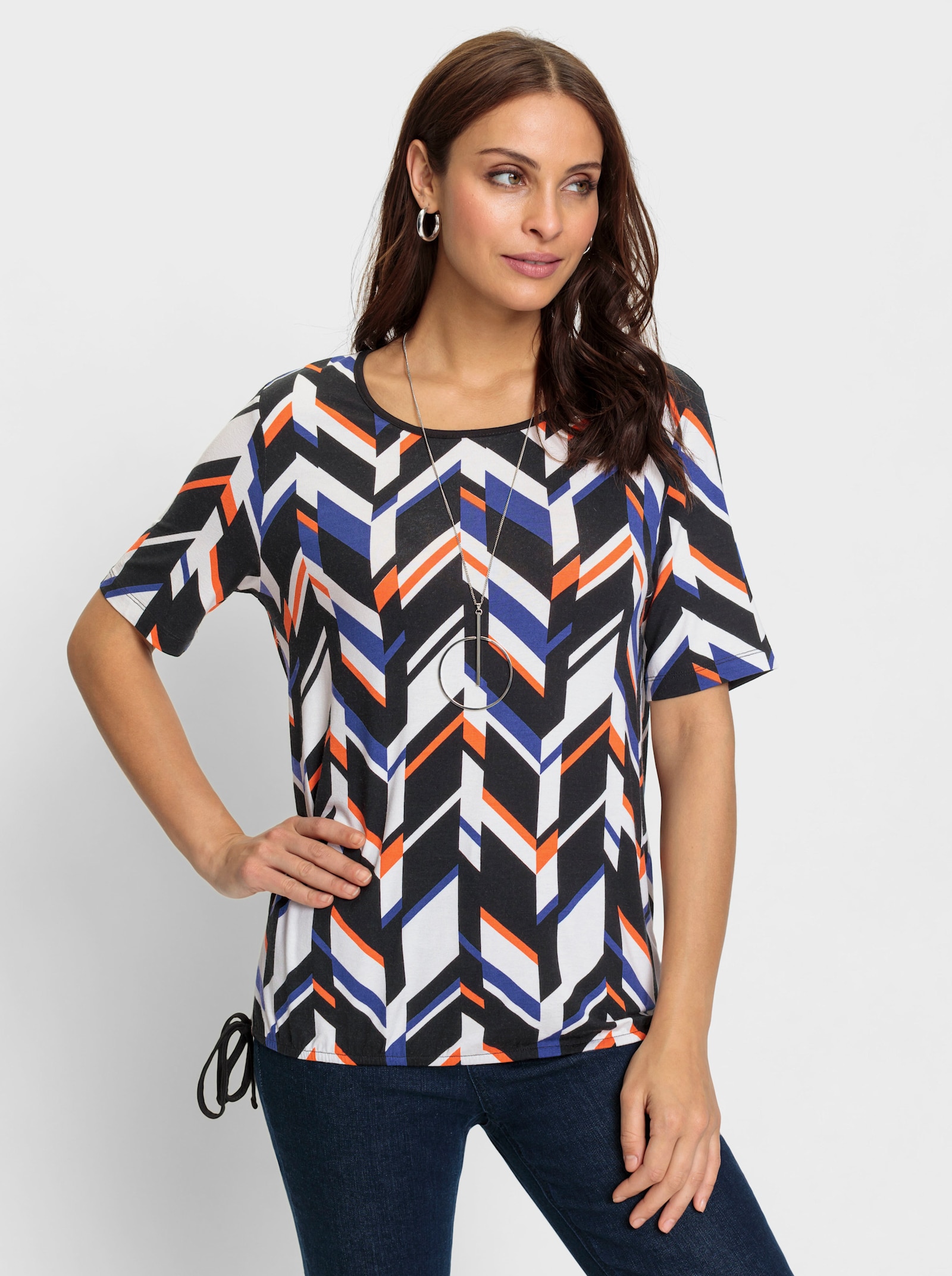 Shirt mit Gummizug am Saum - ecru-royalblau-bedruckt