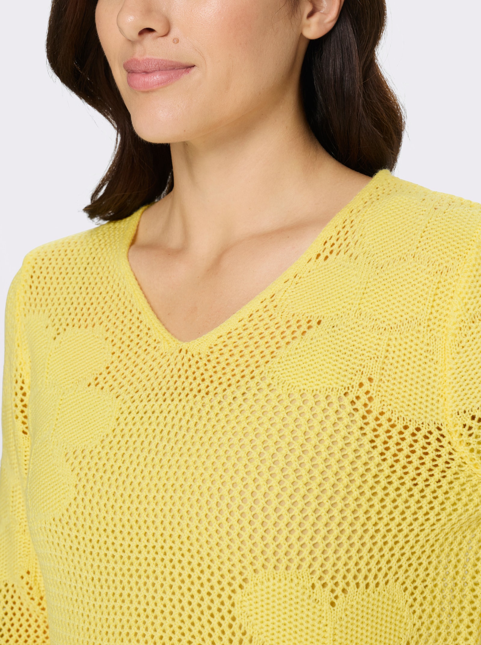 Ajourpullover mit eingestrickten Blüten - zitrone