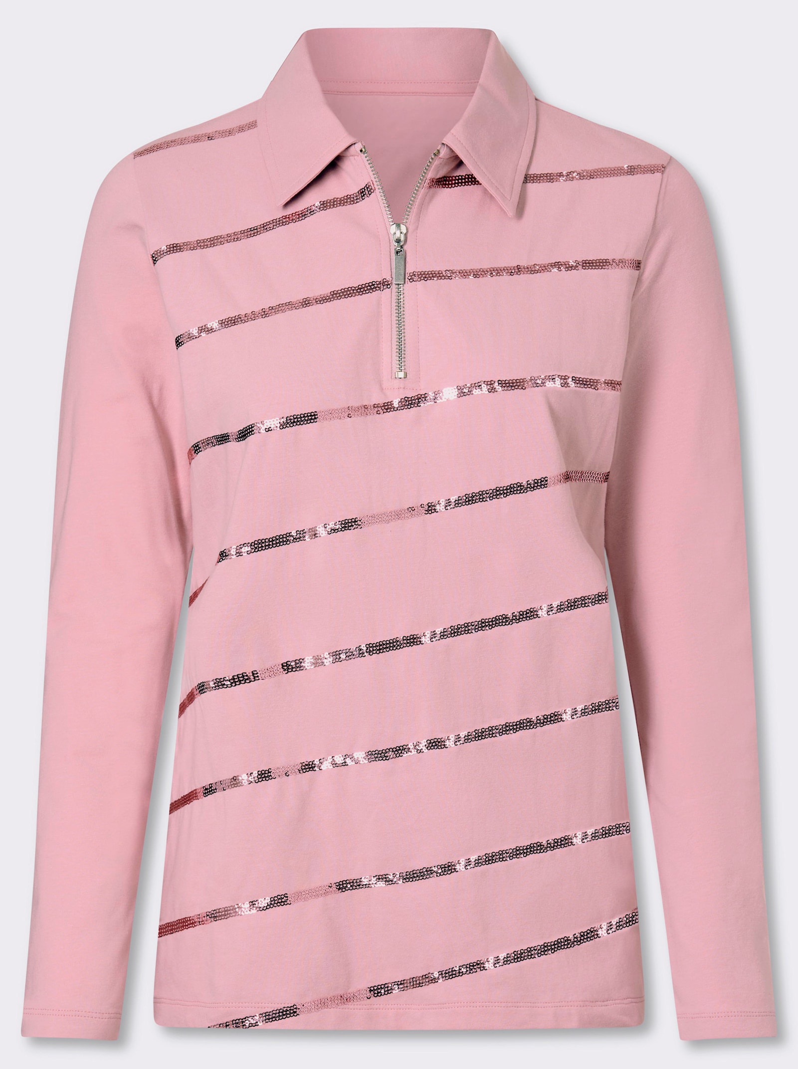 heine Langarm-Poloshirt mit Pailletten - rosé