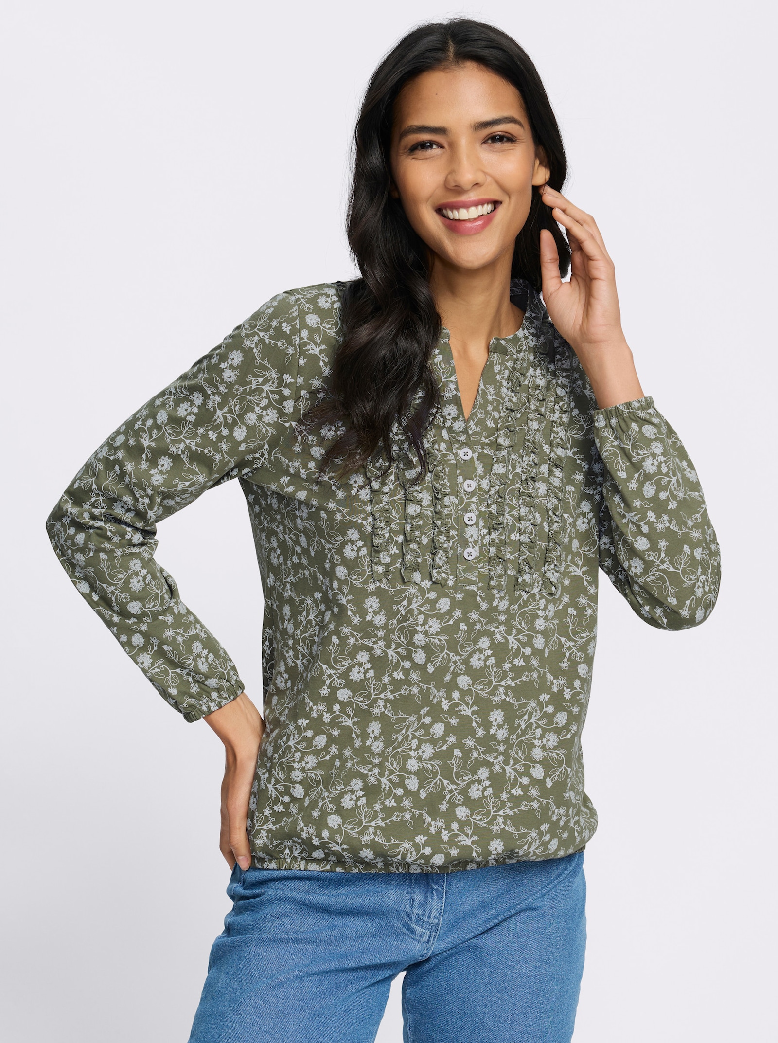 Langarmshirt mit Rüschen am Ausschnitt - khaki-ecru-bedruckt