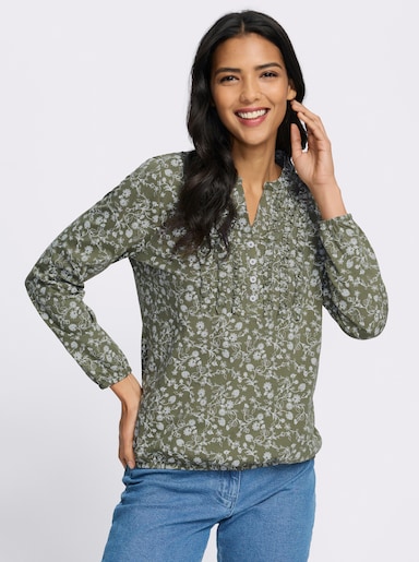 Langarmshirt mit Rüschen am Ausschnitt - khaki-ecru-bedruckt