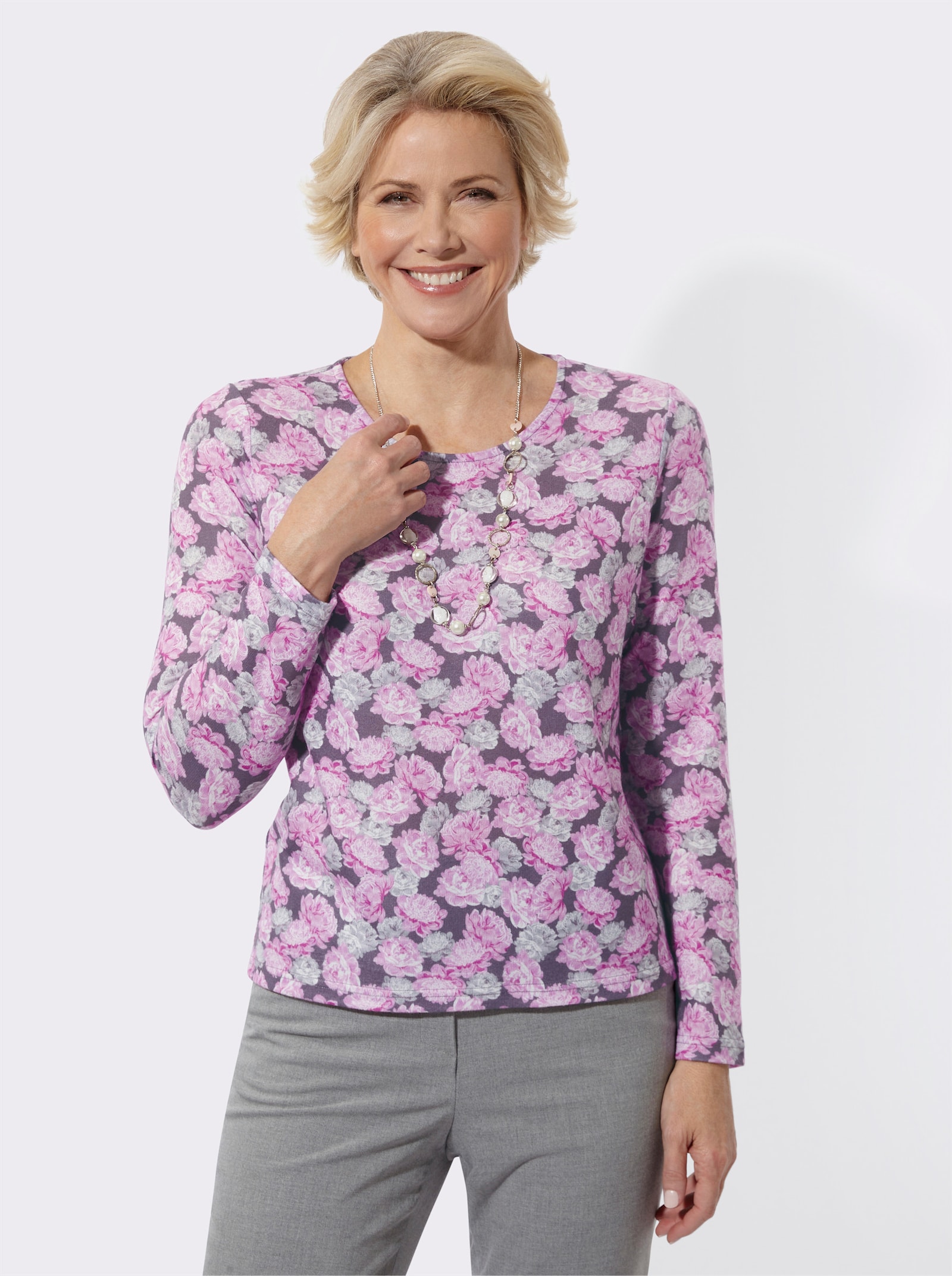 Rundhalspullover im floralen Dessin - steingrau-erika-bedruckt