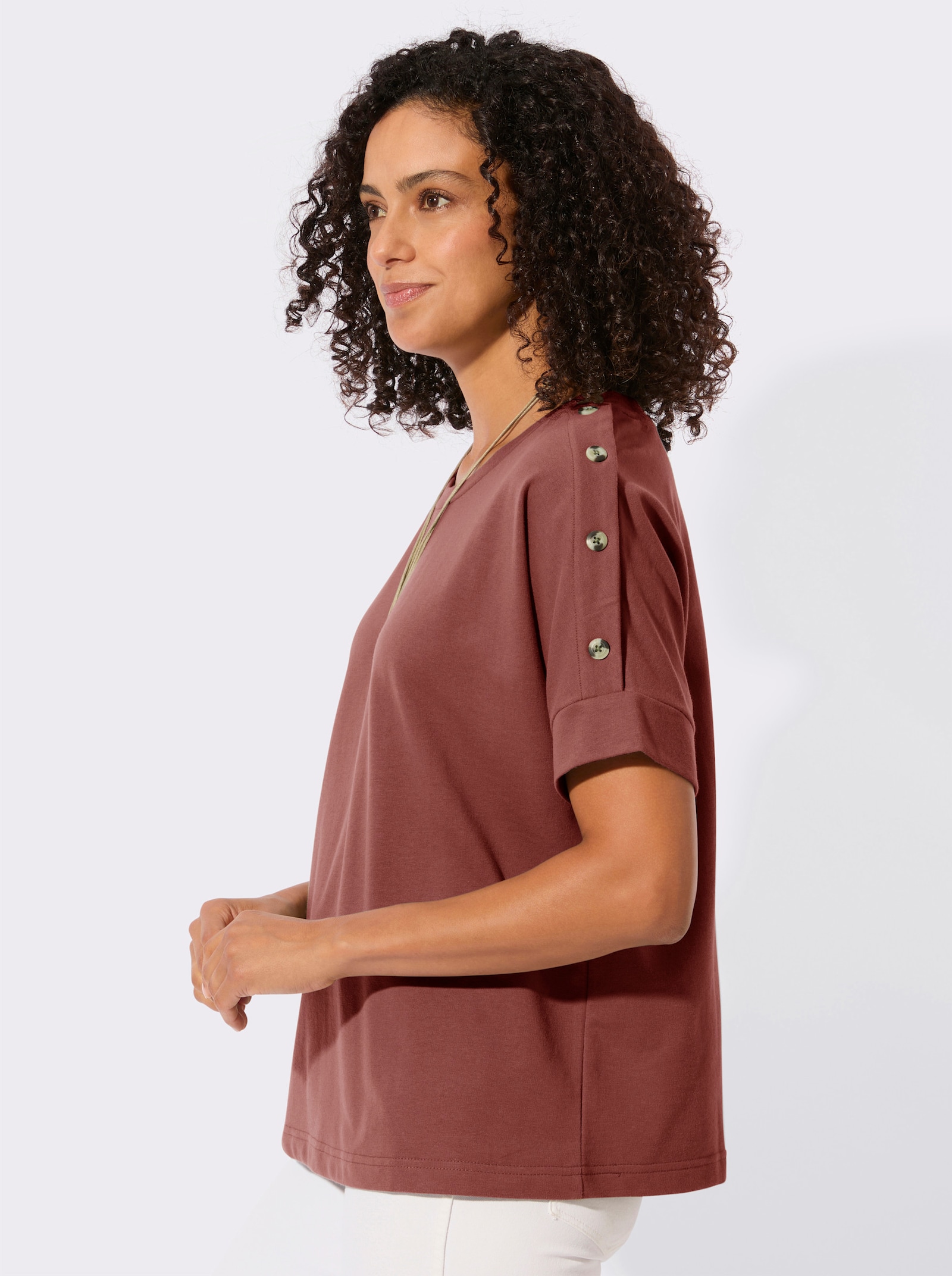 Sweatshirt mit Zierknöpfen an der Schulterpartie - rotbraun